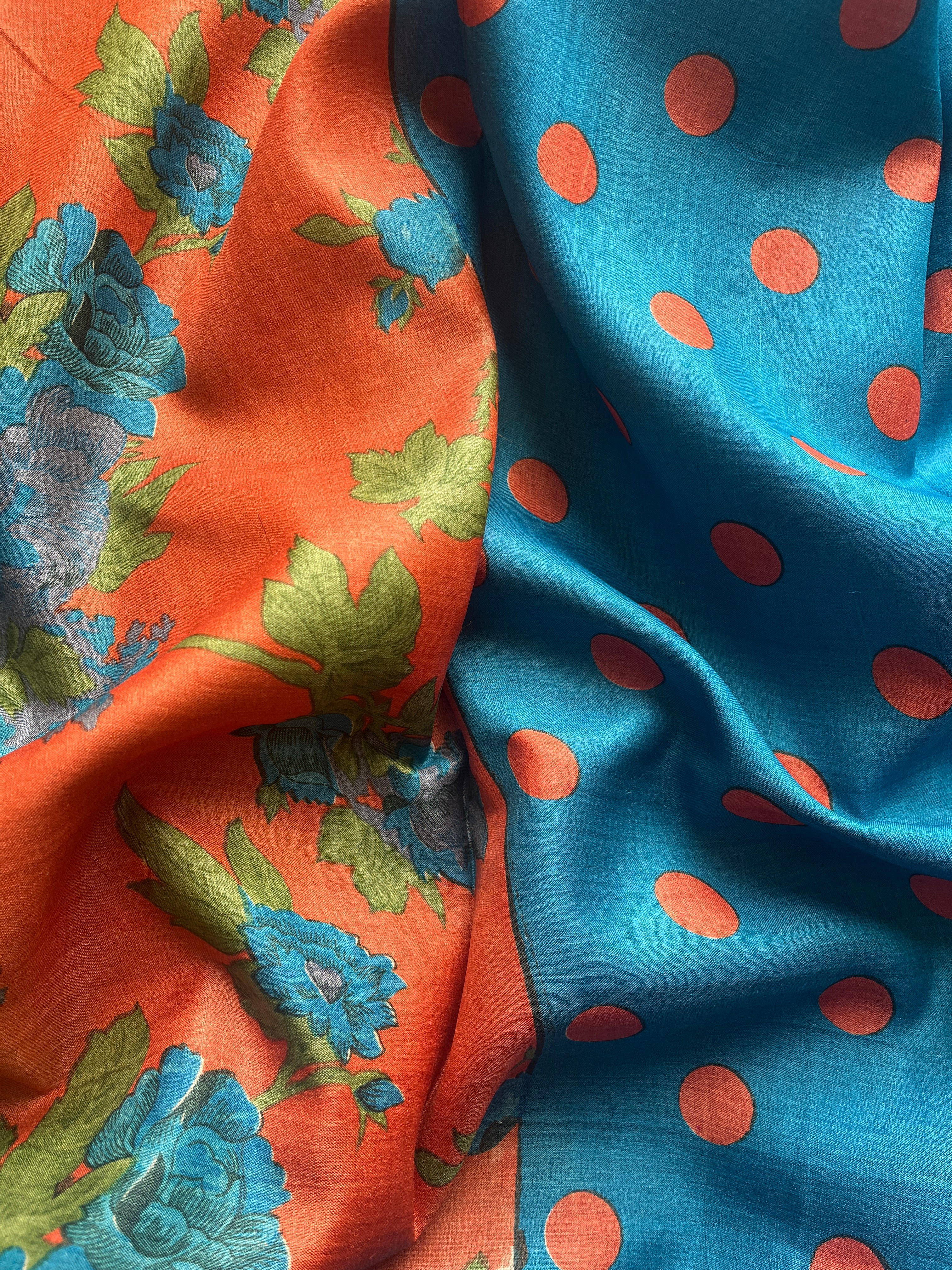 Orange blue floral tussar saree