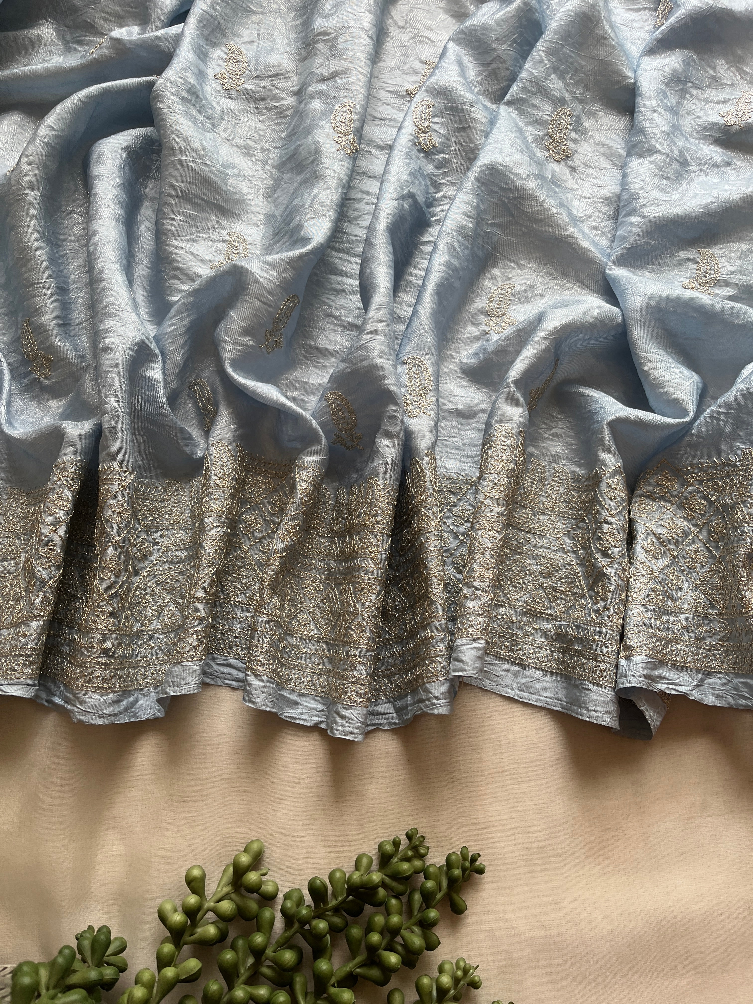 Powder blue tissue saree