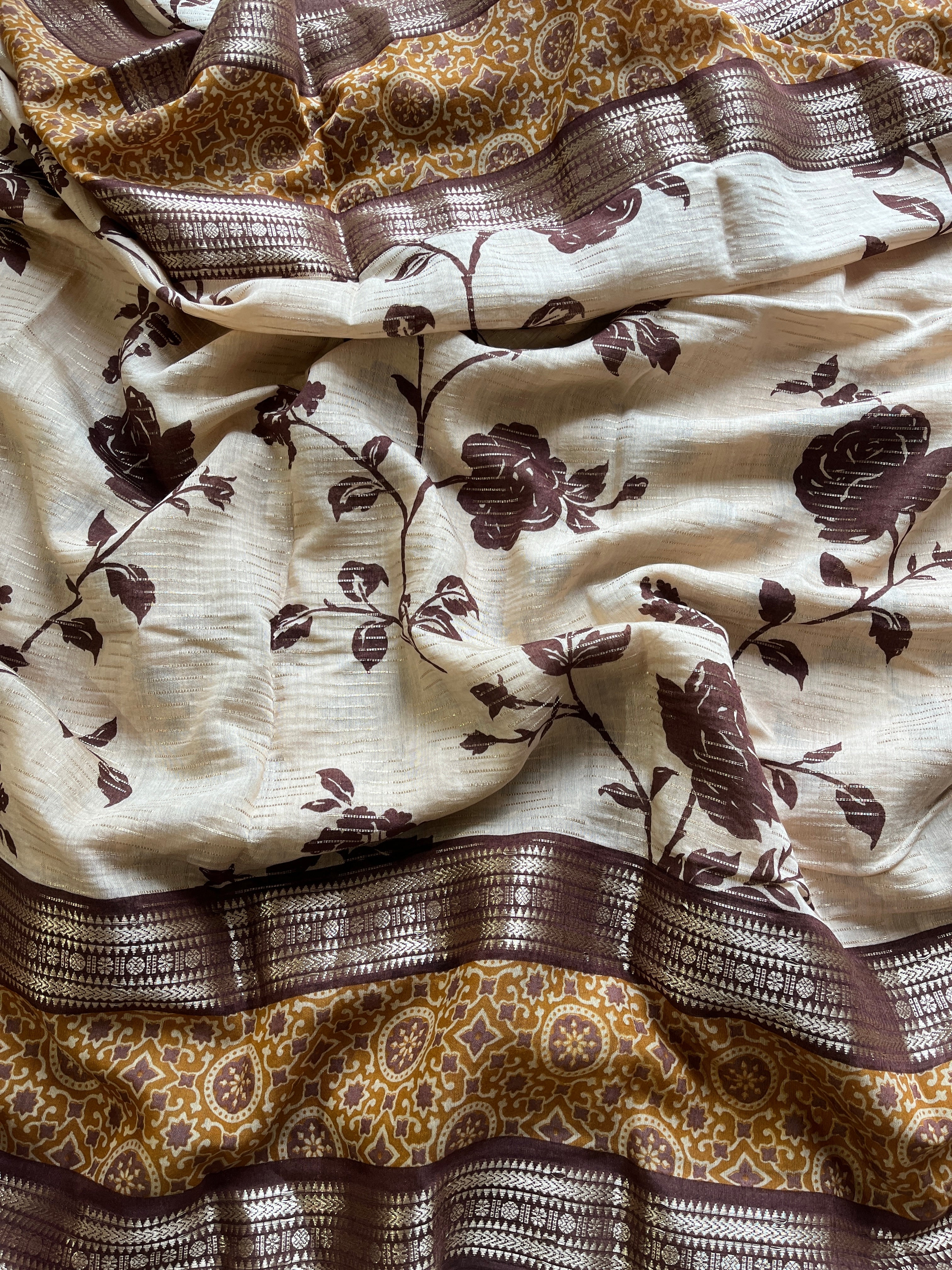 Brown Floral Print Saree