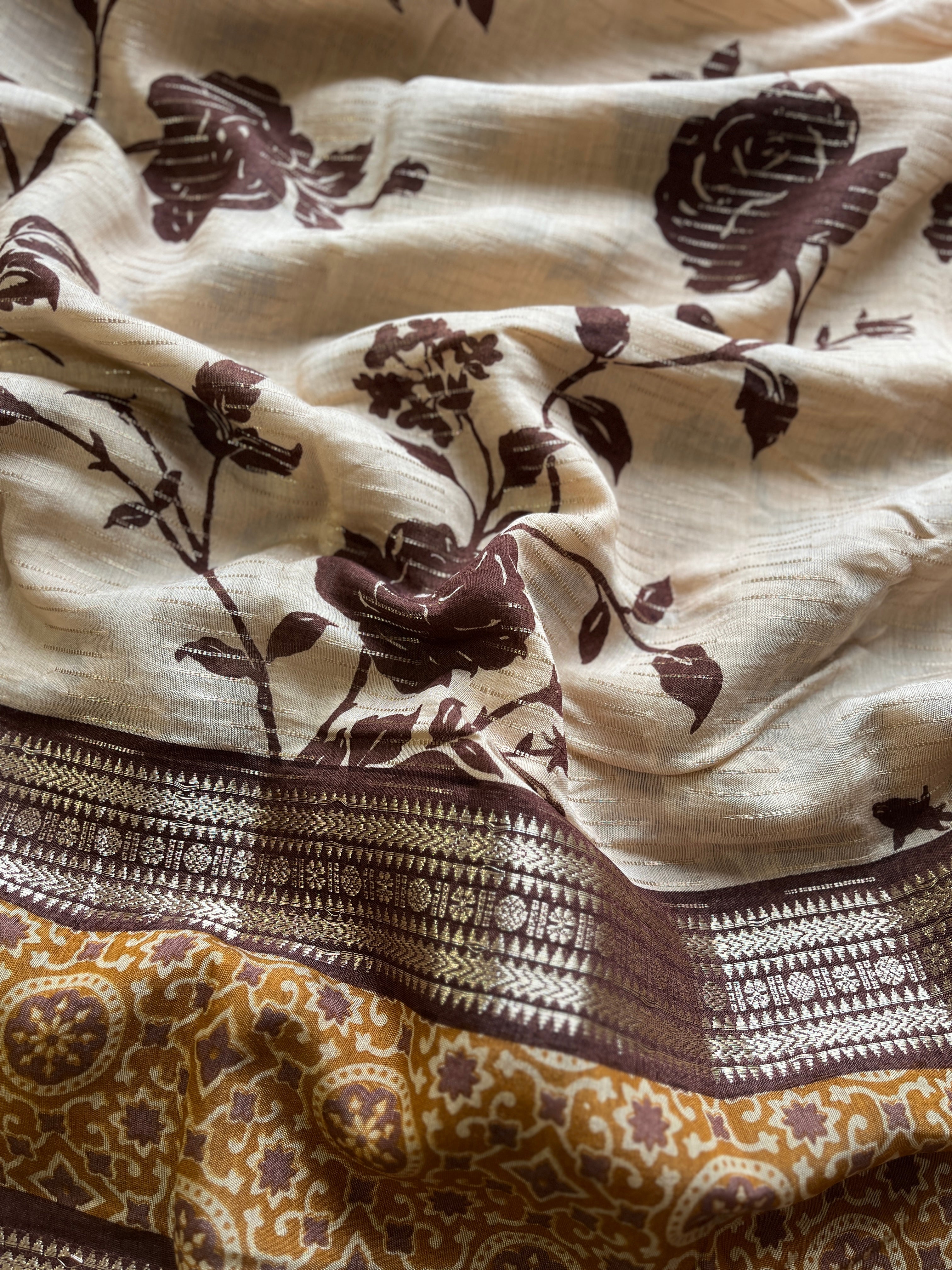 Brown Floral Print Saree