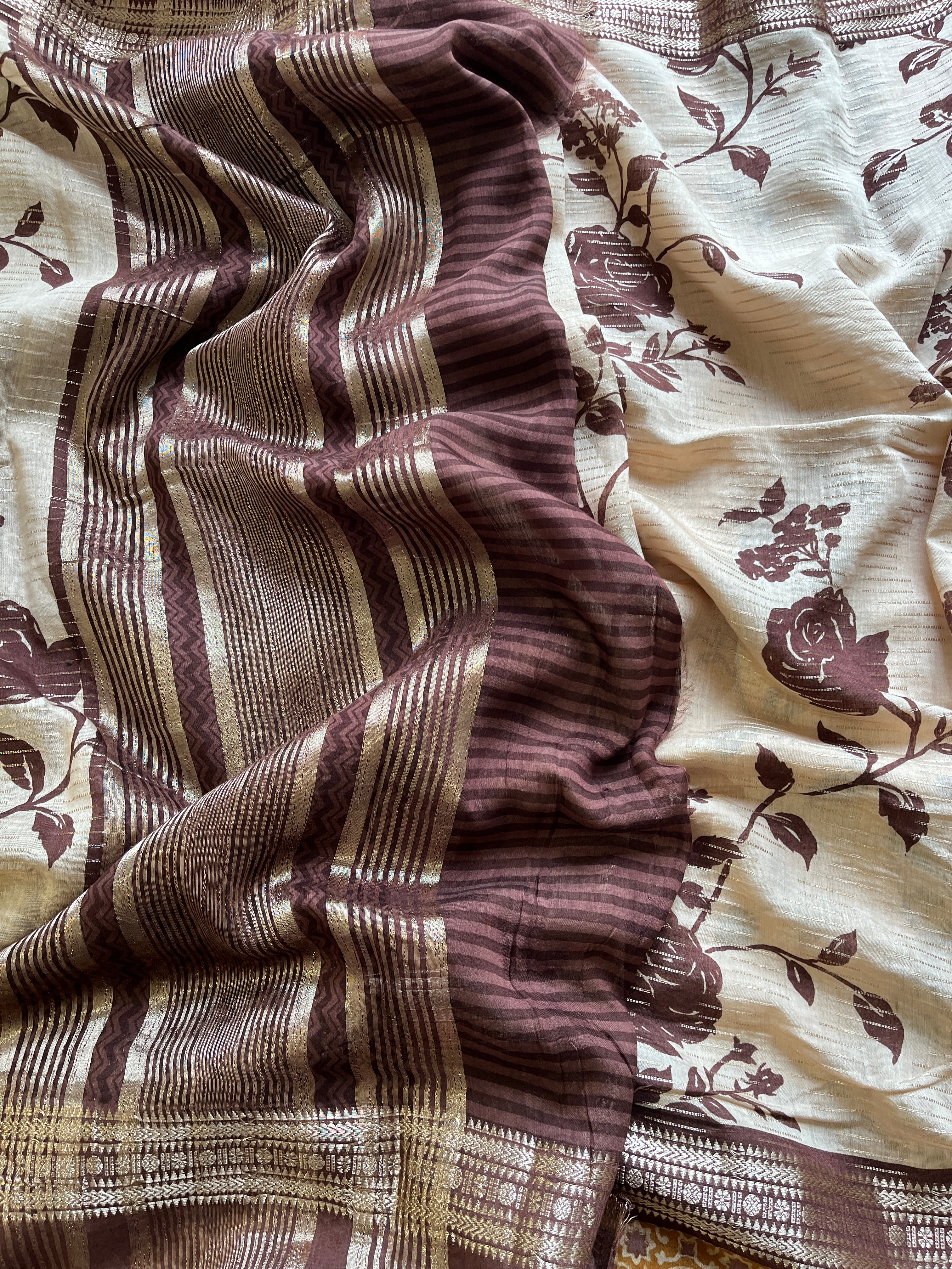 Brown Floral Print Saree