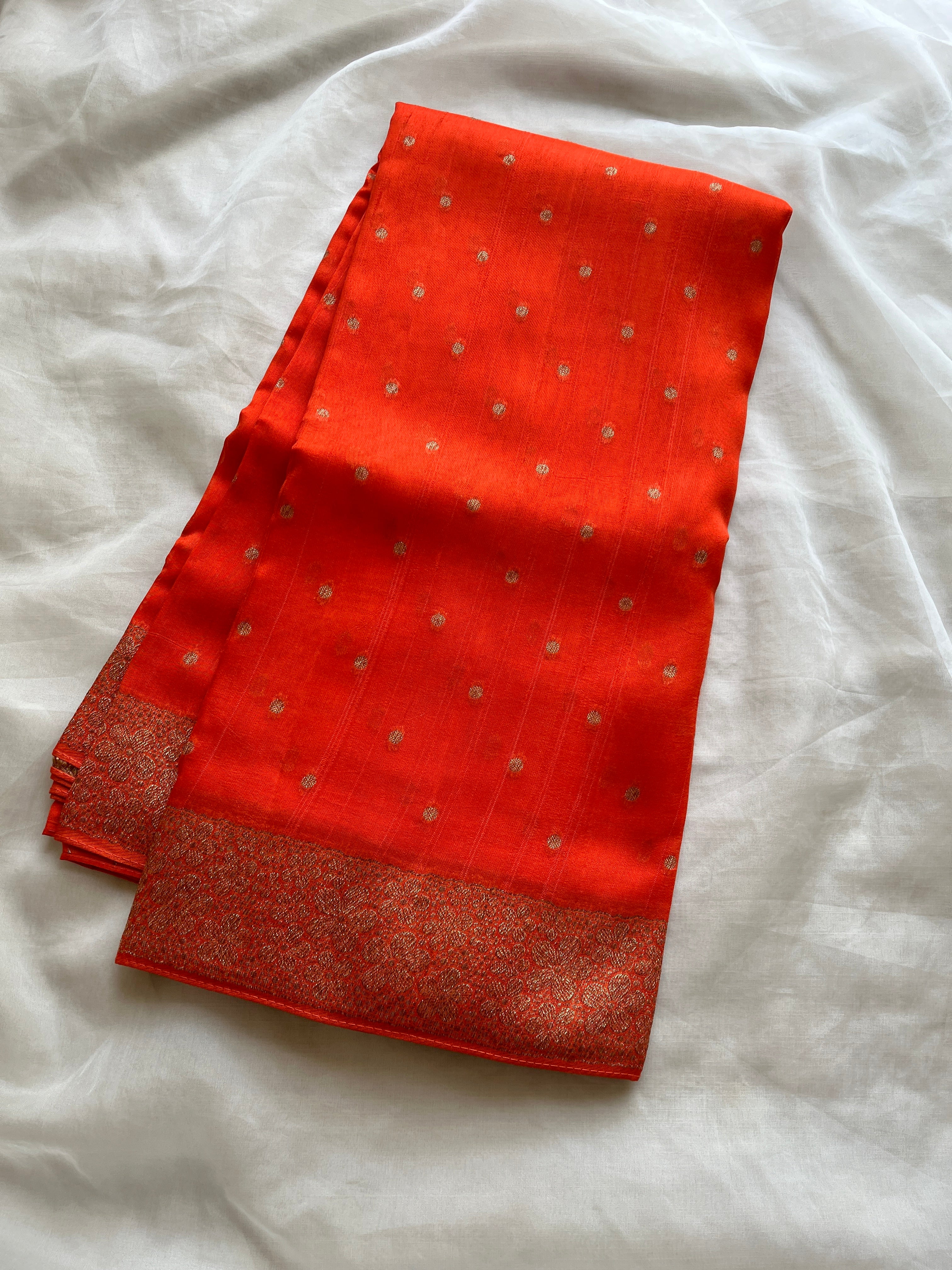 Orange small Border Raw Silk Banaras Saree