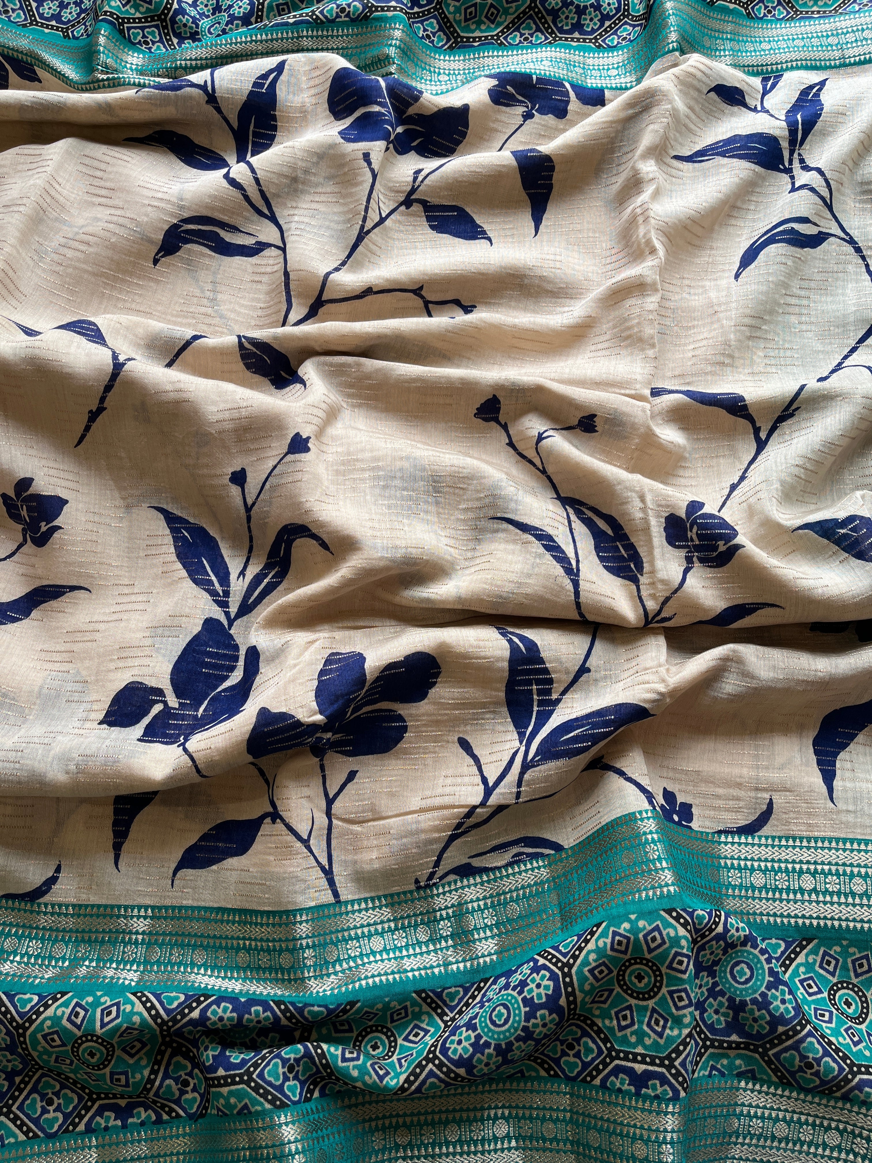Turquoise Blue & Navy Blue Floral saree