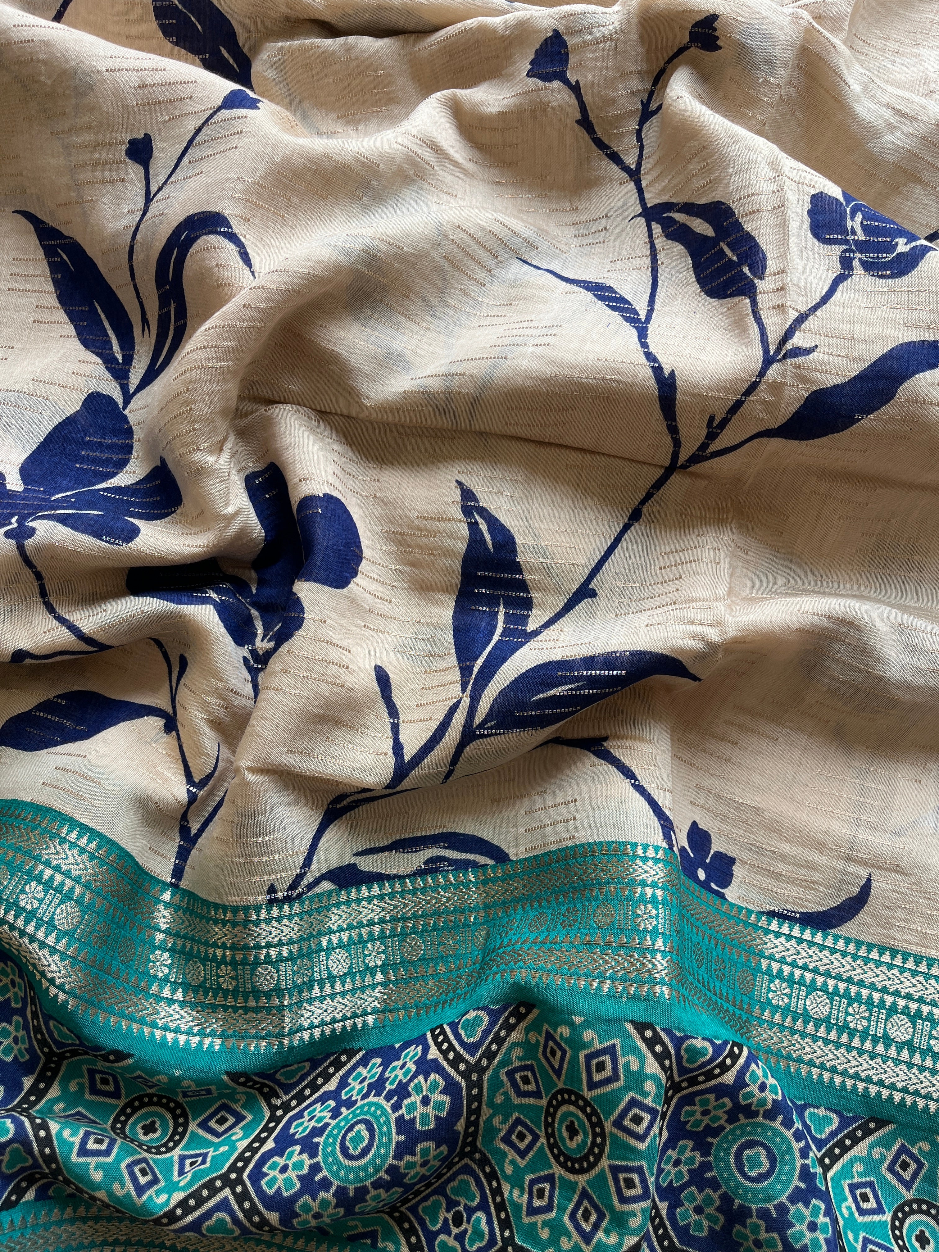 Turquoise Blue & Navy Blue Floral saree