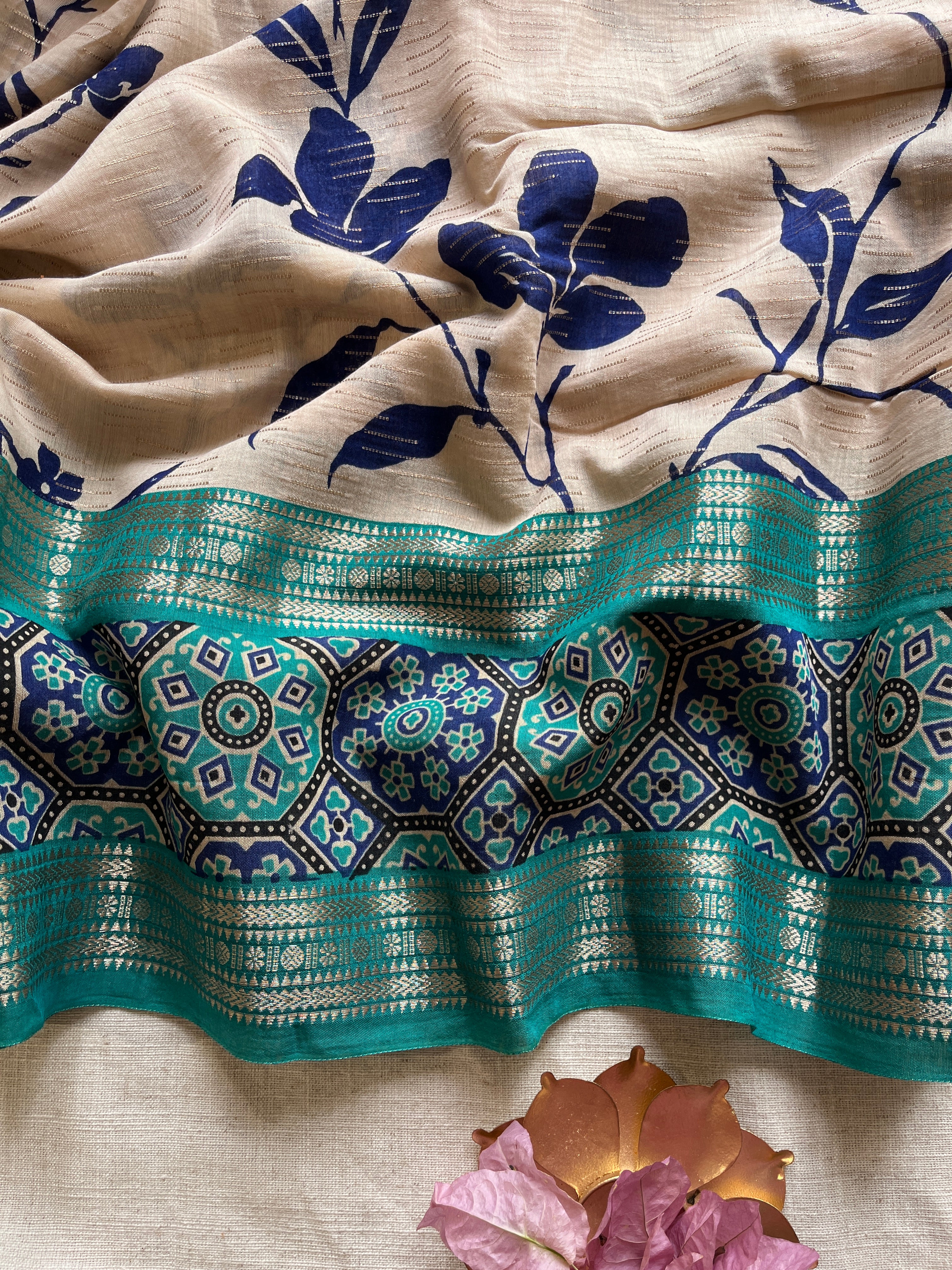 Turquoise Blue & Navy Blue Floral saree