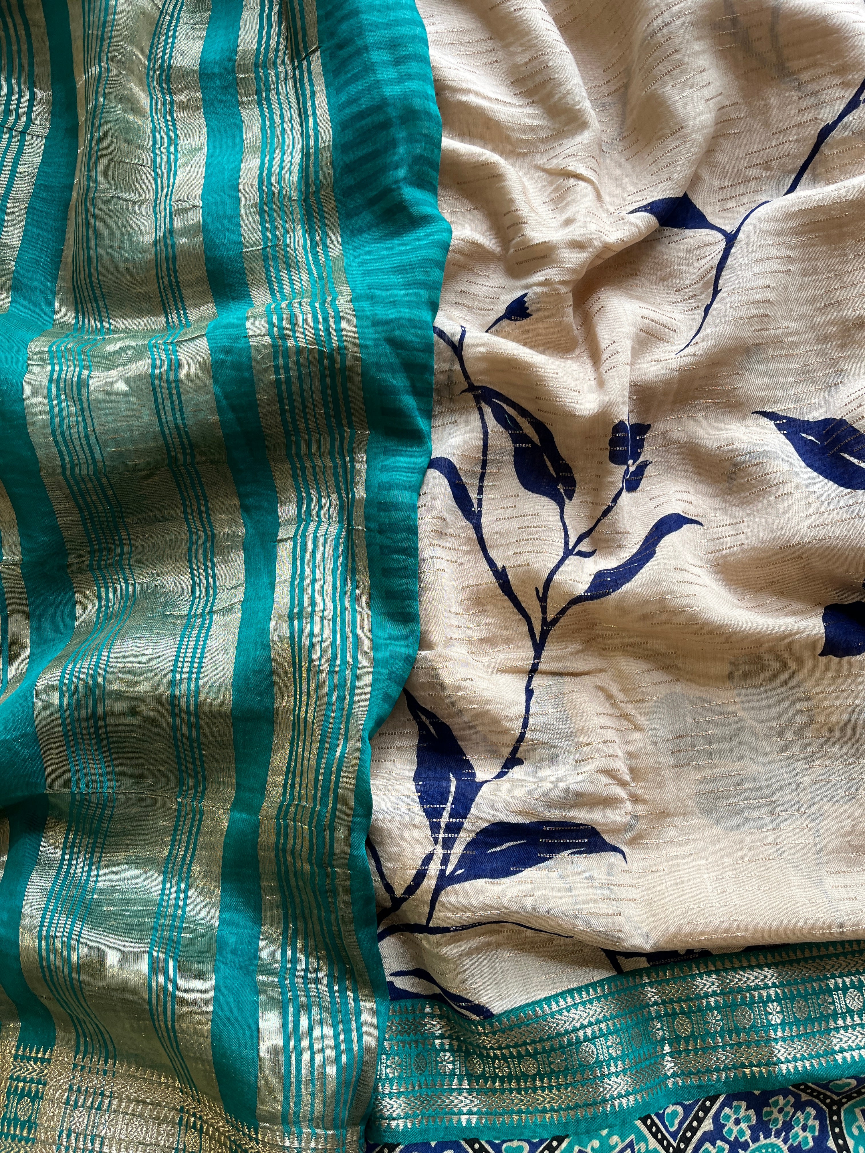 Turquoise Blue & Navy Blue Floral saree