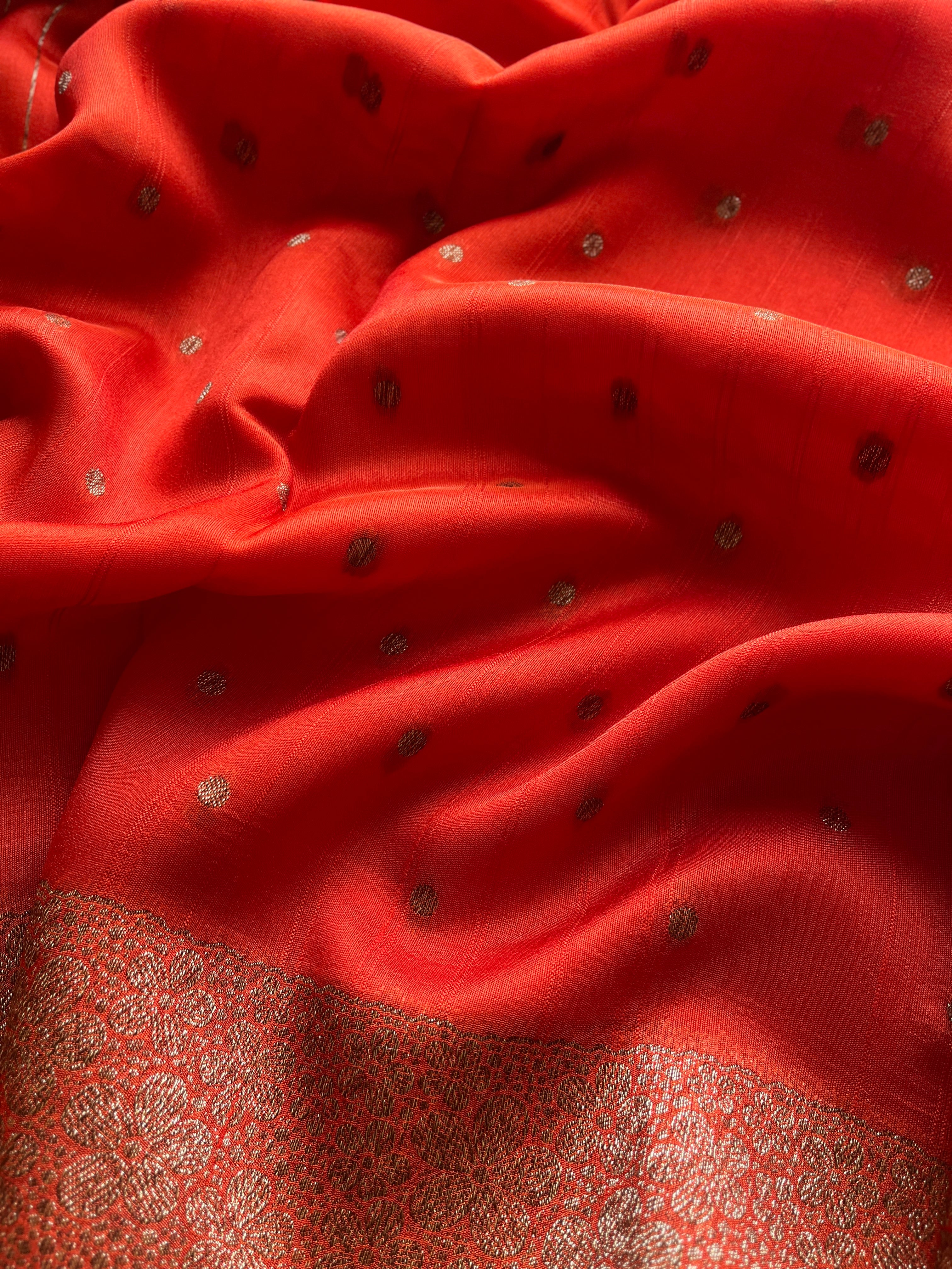 Orange small Border Raw Silk Banaras Saree