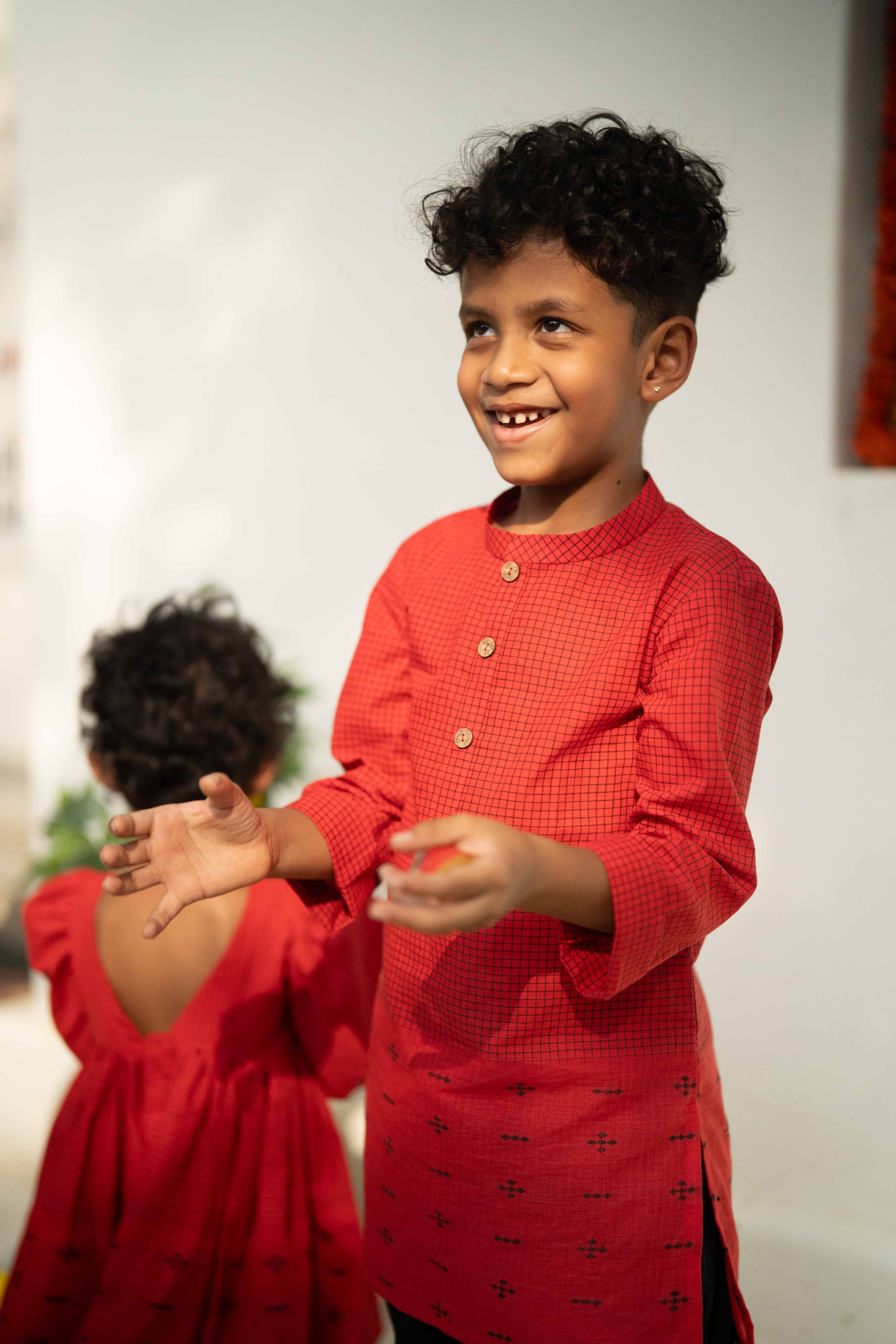 Red Cotton Kurta - Boys