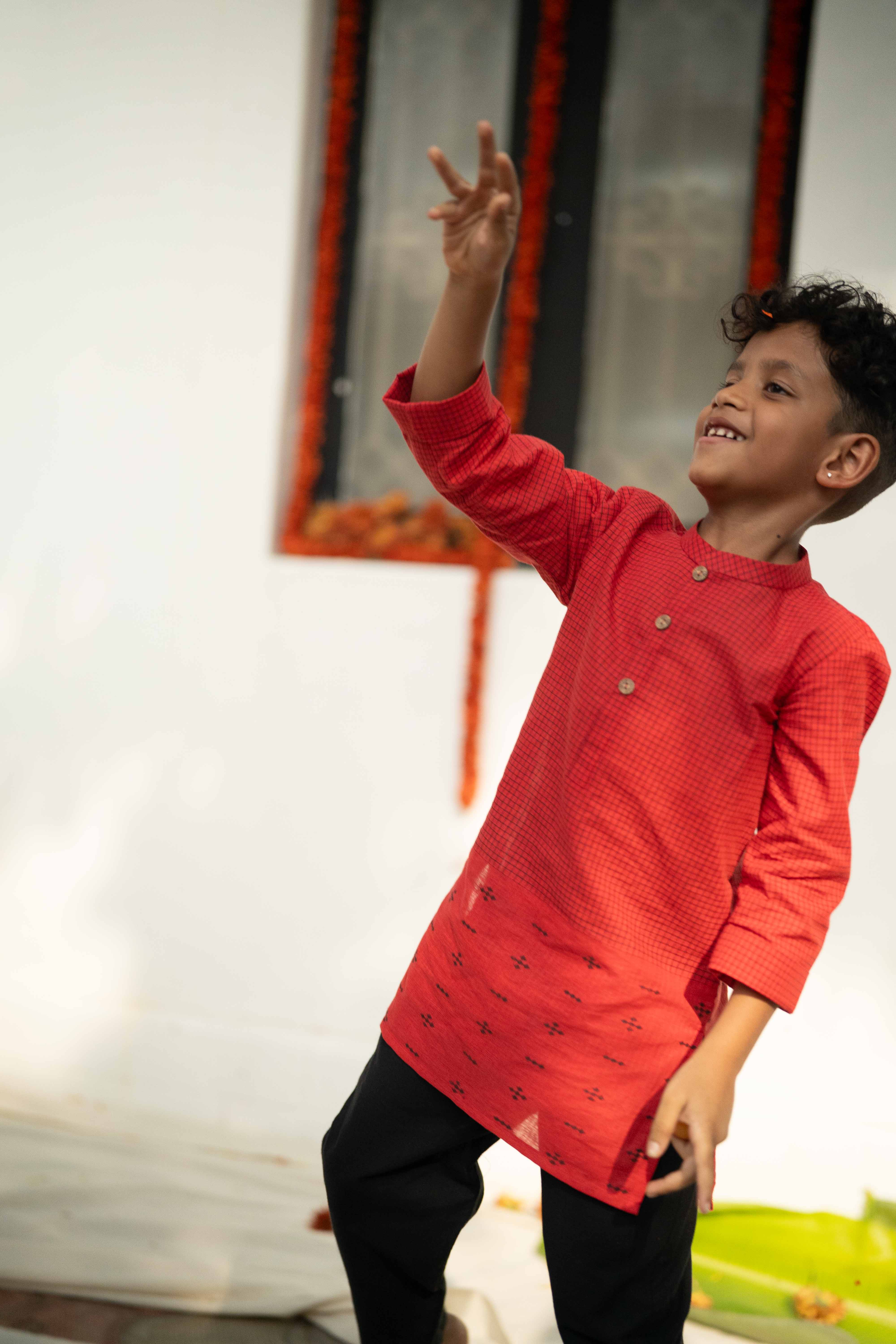 Red Cotton Kurta - Boys