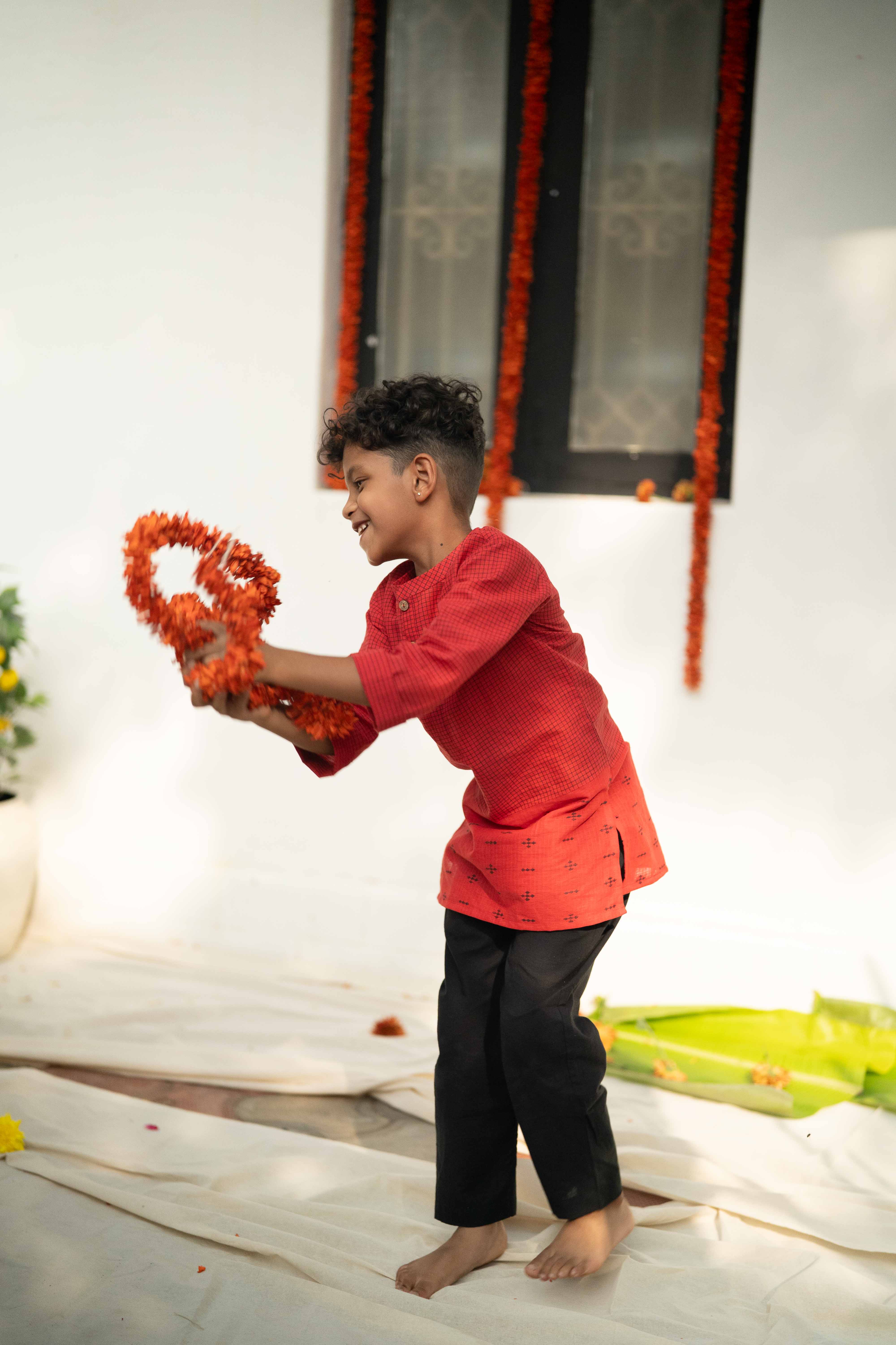 Red Cotton Kurta - Boys