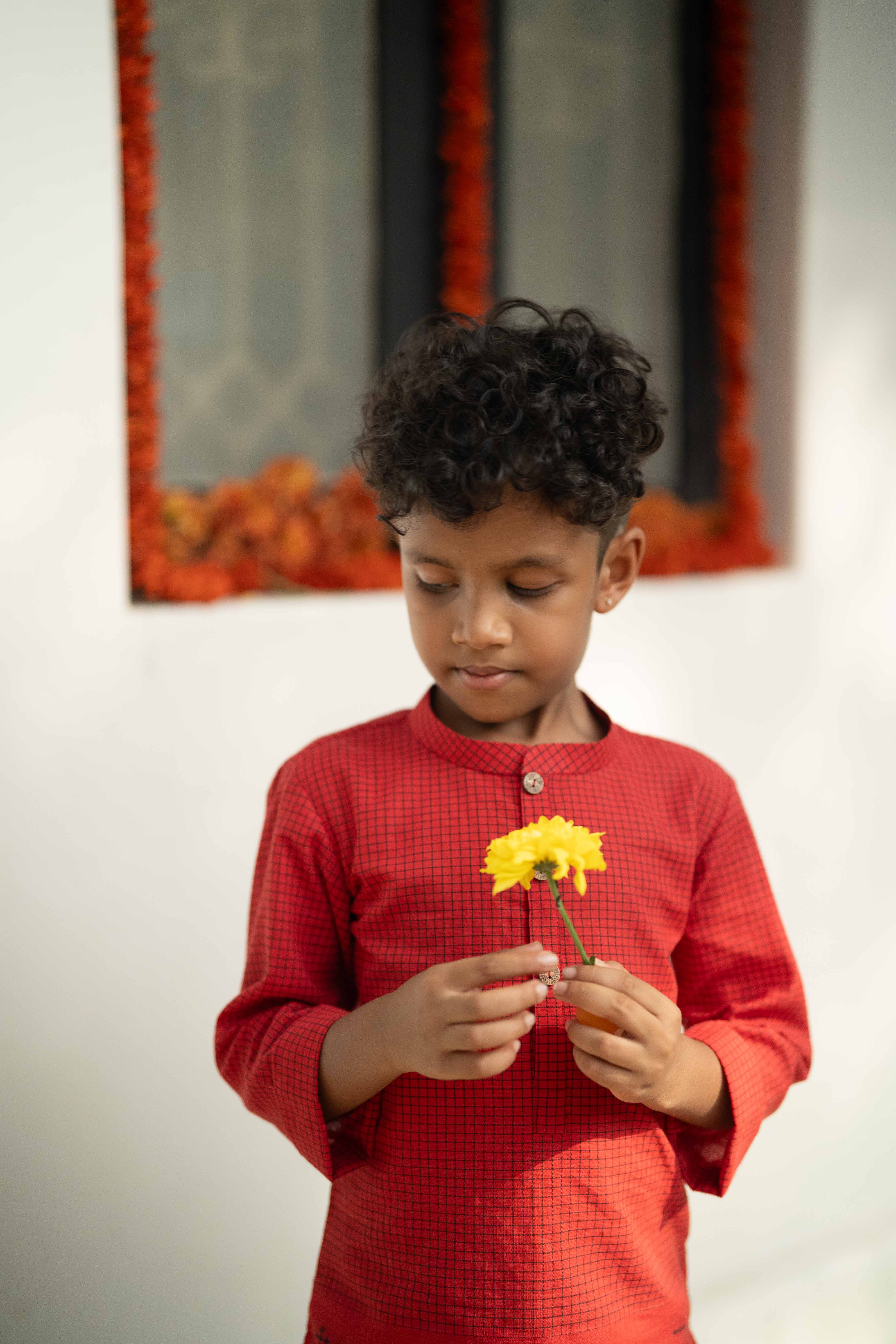 Red Cotton Kurta - Boys