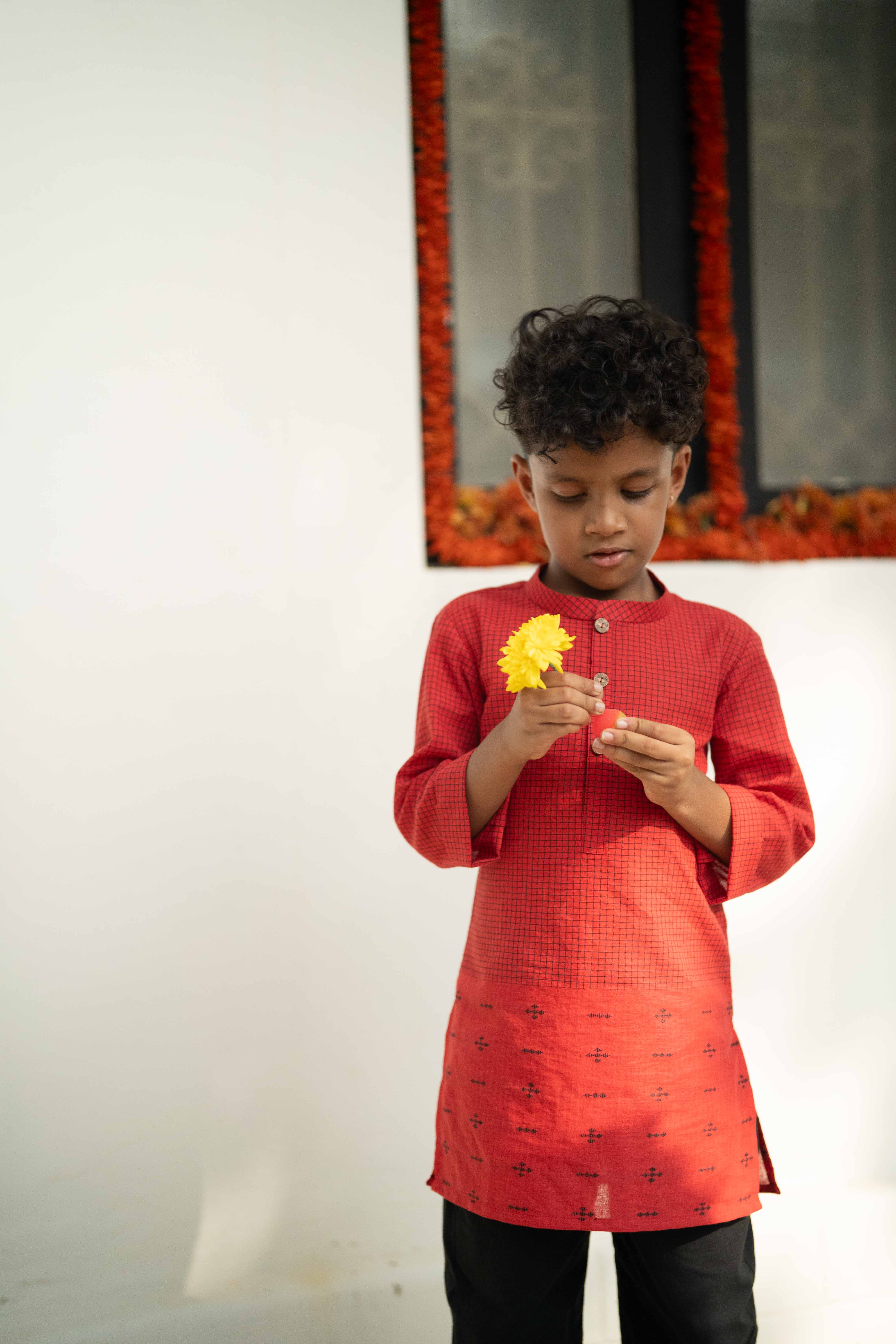 Red Cotton Kurta - Boys