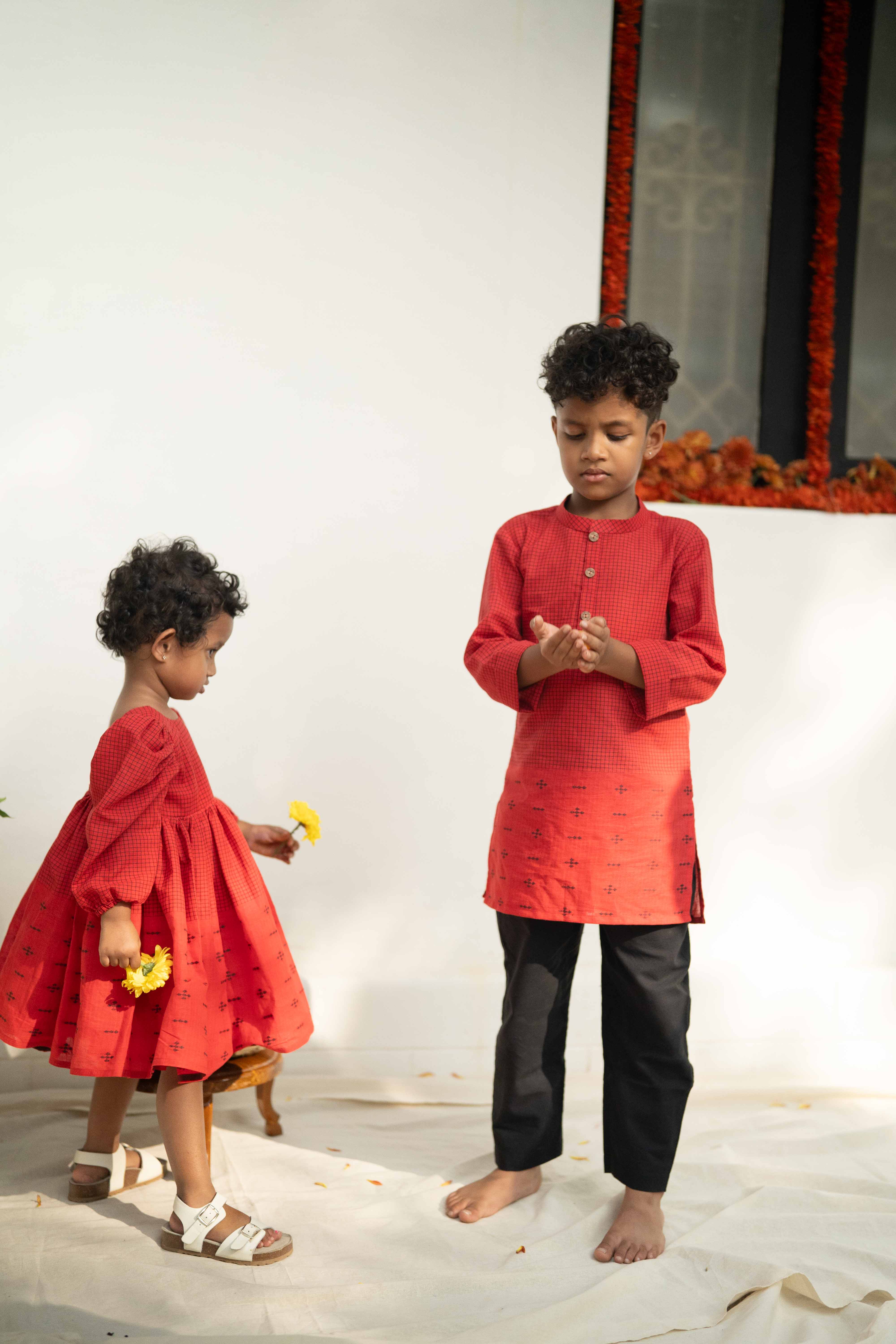 Red Cotton Kurta - Boys