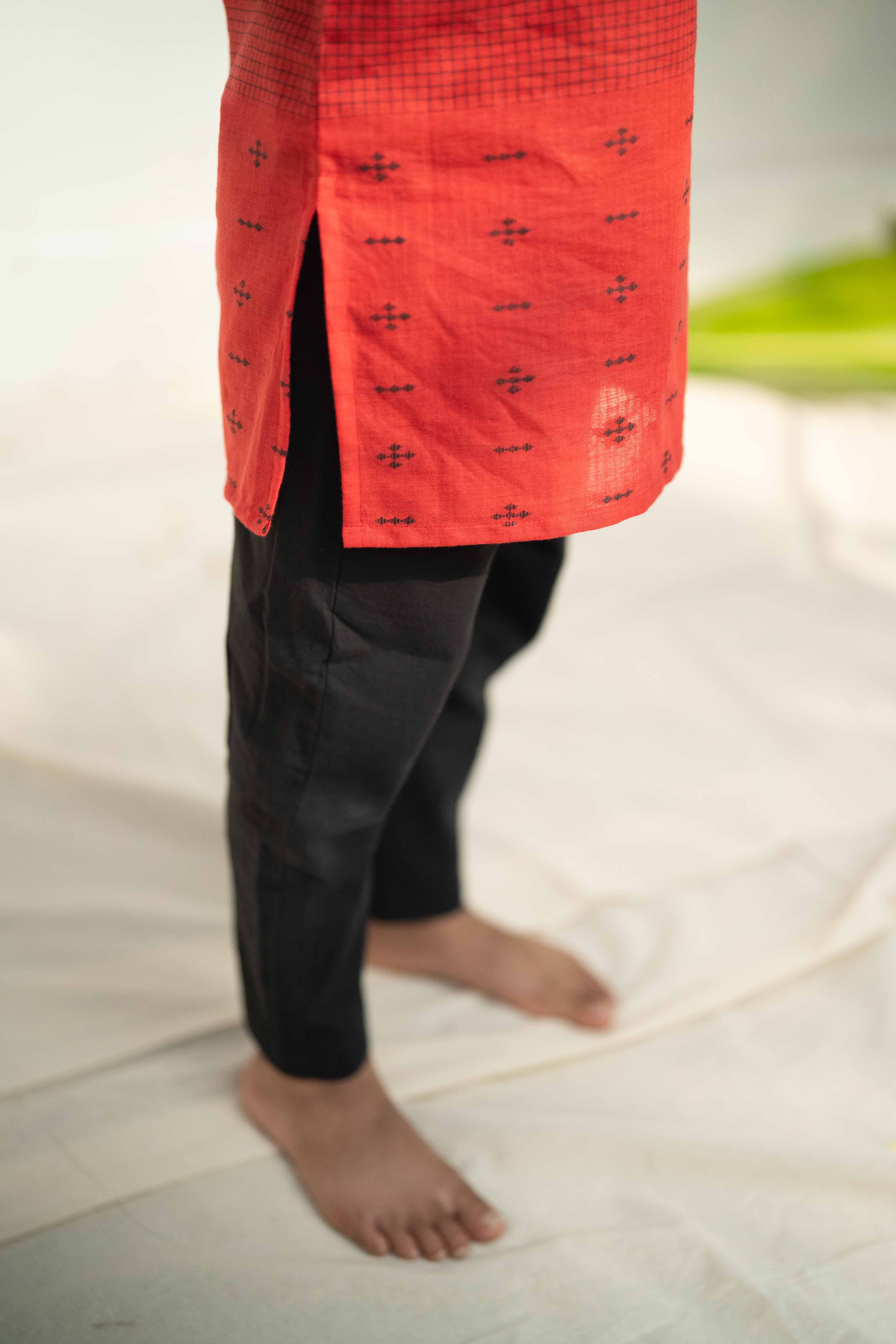 Red Cotton Kurta - Boys