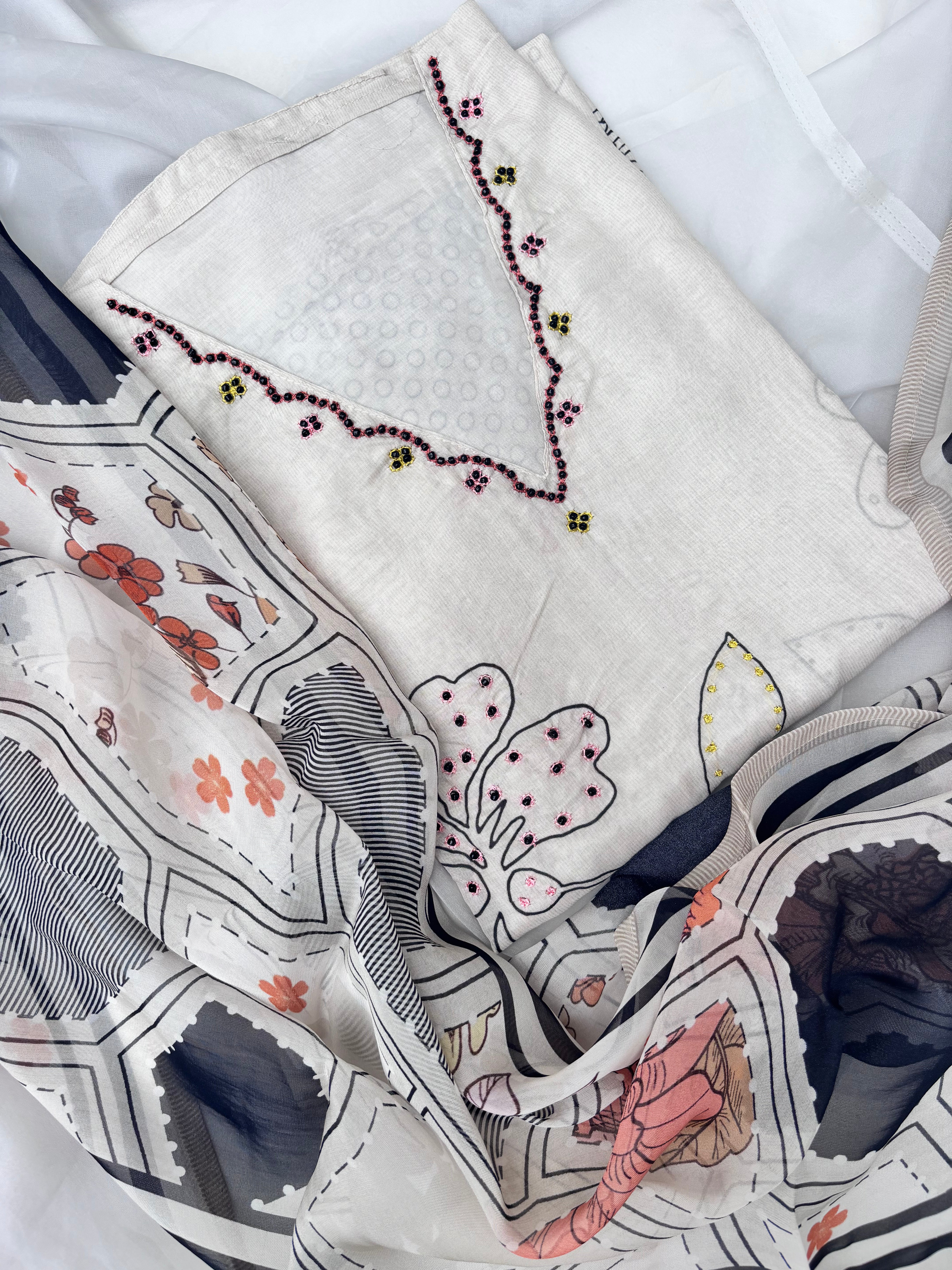 Ivory soft muslin silk Semi Stitched Salwar suit