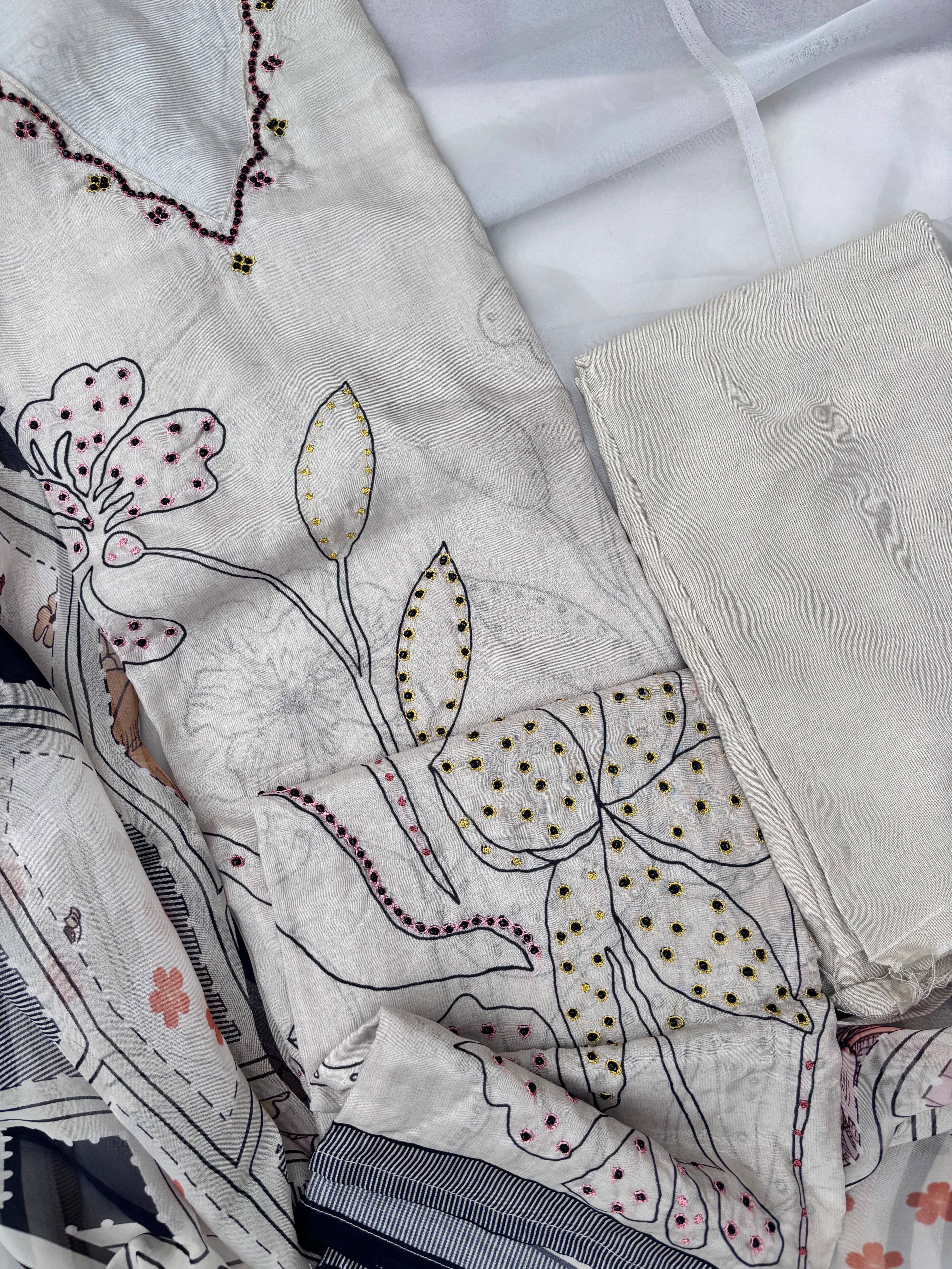 Ivory soft muslin silk Semi Stitched Salwar suit