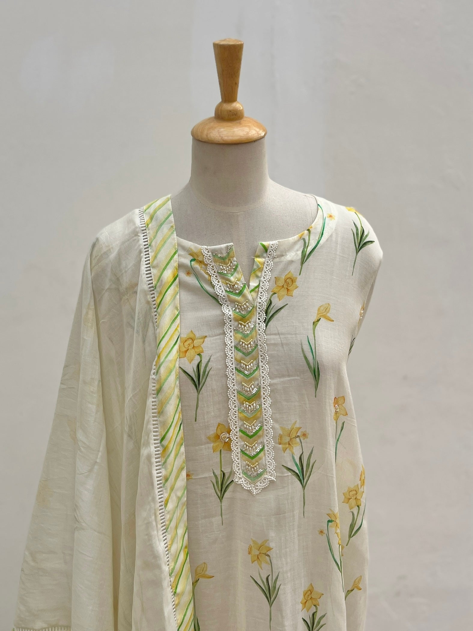 Off white - Yellow iris semi stitched suit set