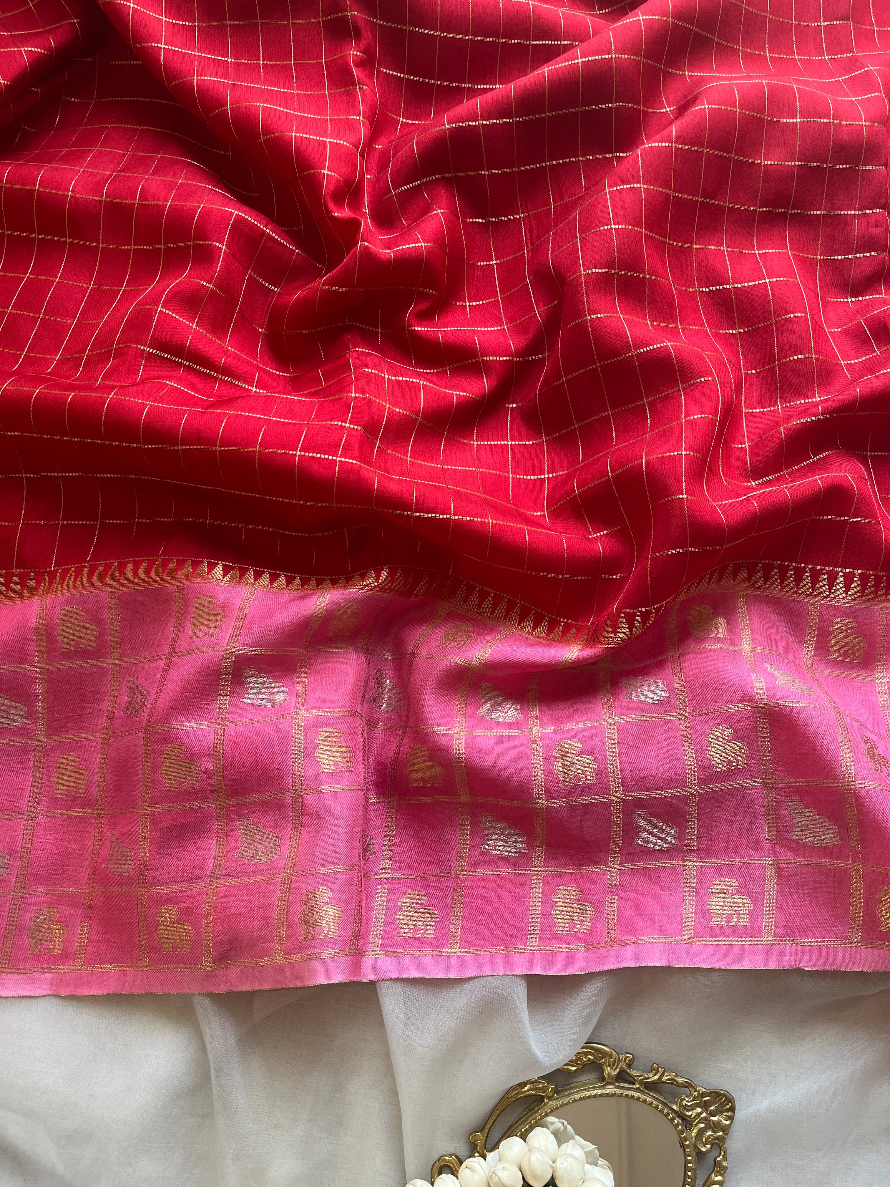 Muthu kattam red viscose silk saree