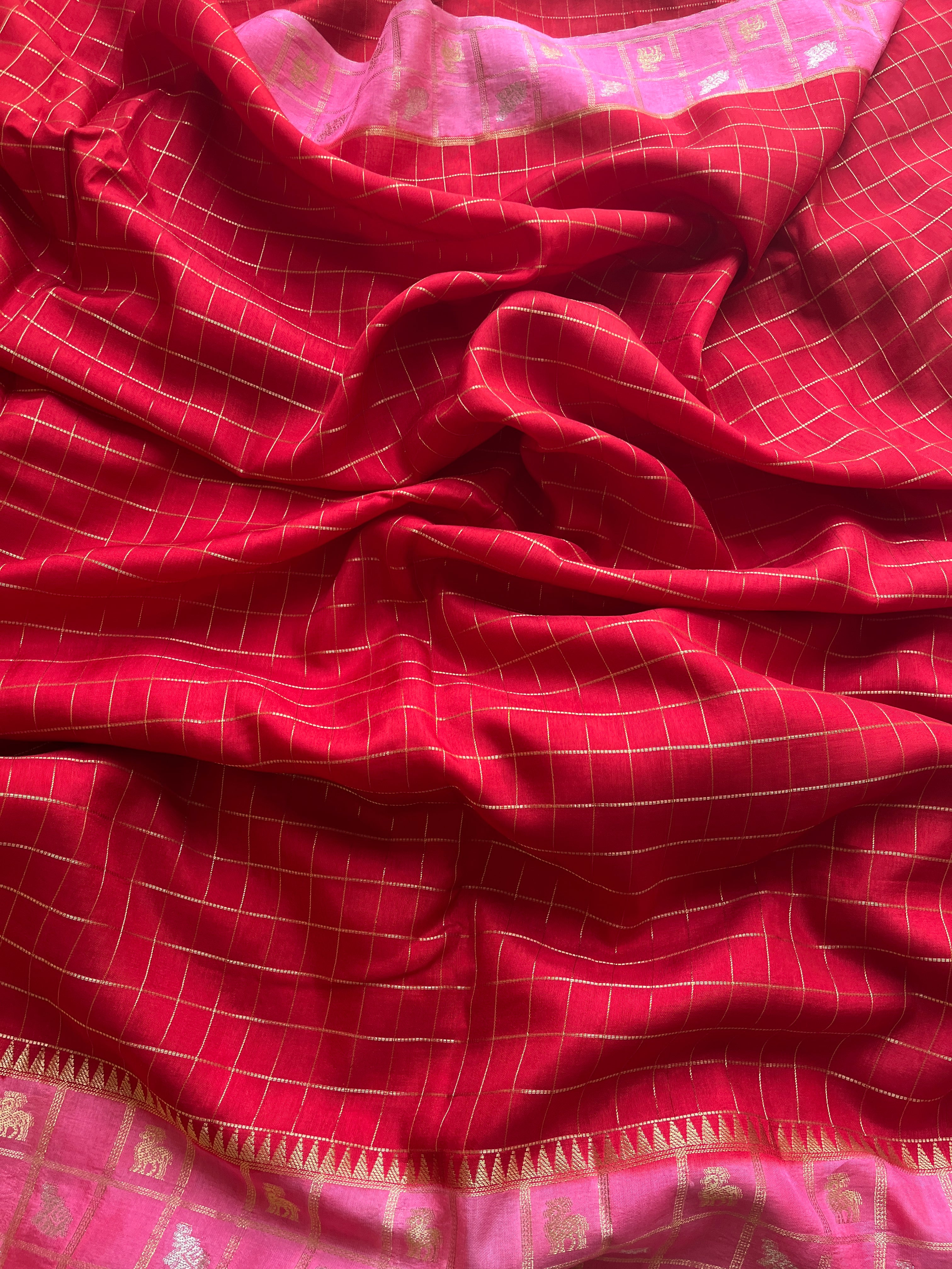 Muthu kattam red viscose silk saree