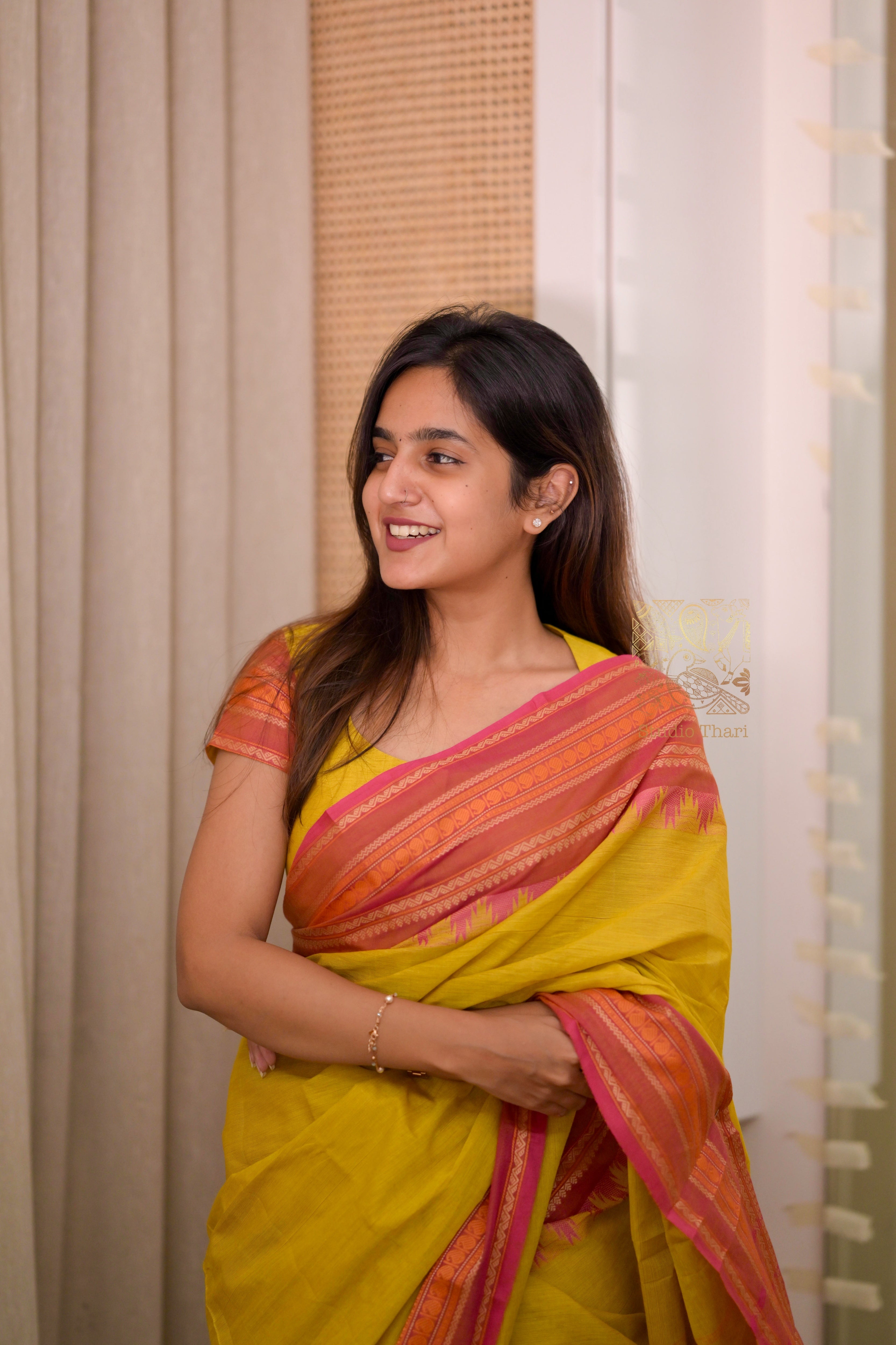 Mustard Yellow “Parvati” Bold and Beautiful Chettinad cotton saree