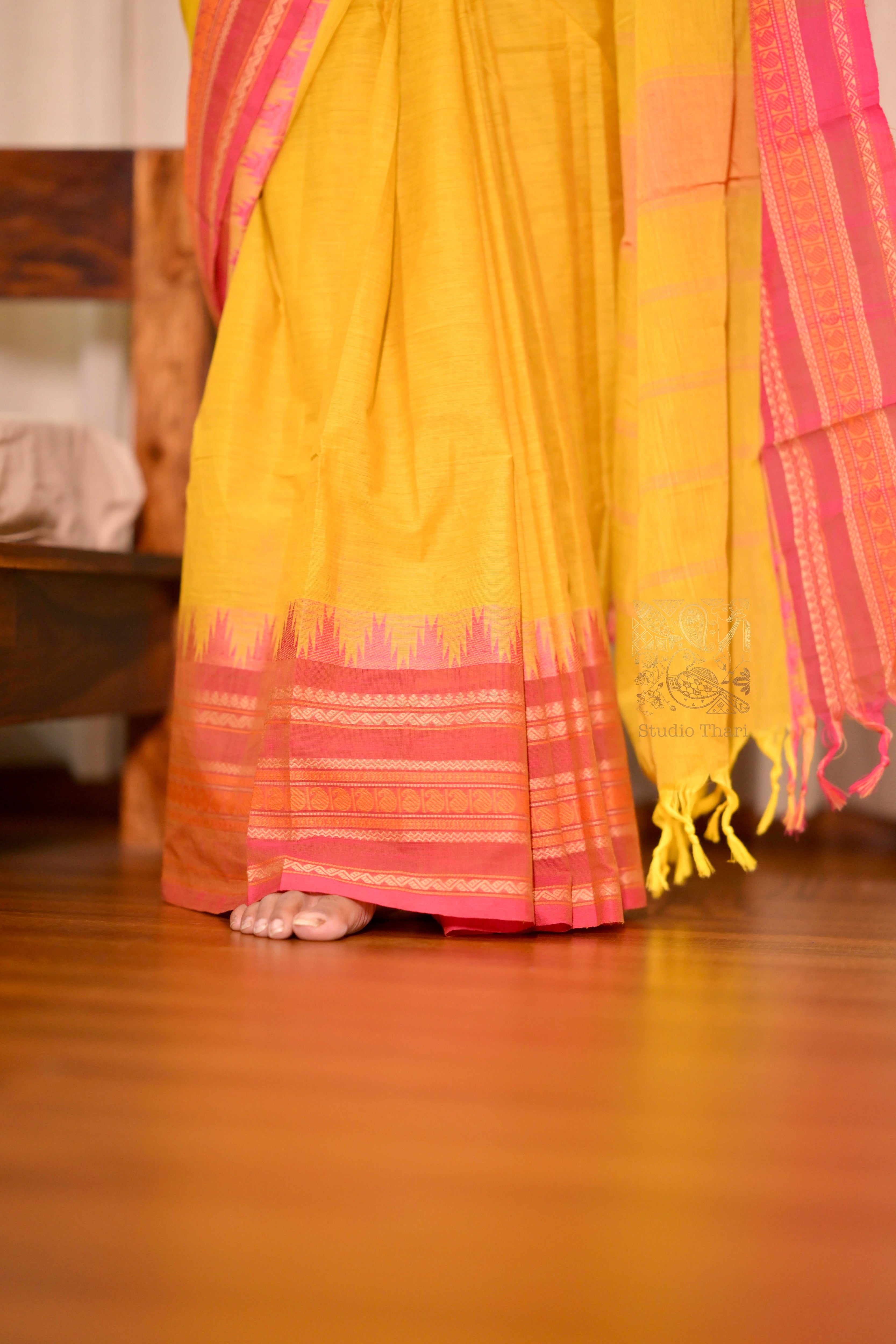 Mustard Yellow “Parvati” Bold and Beautiful Chettinad cotton saree