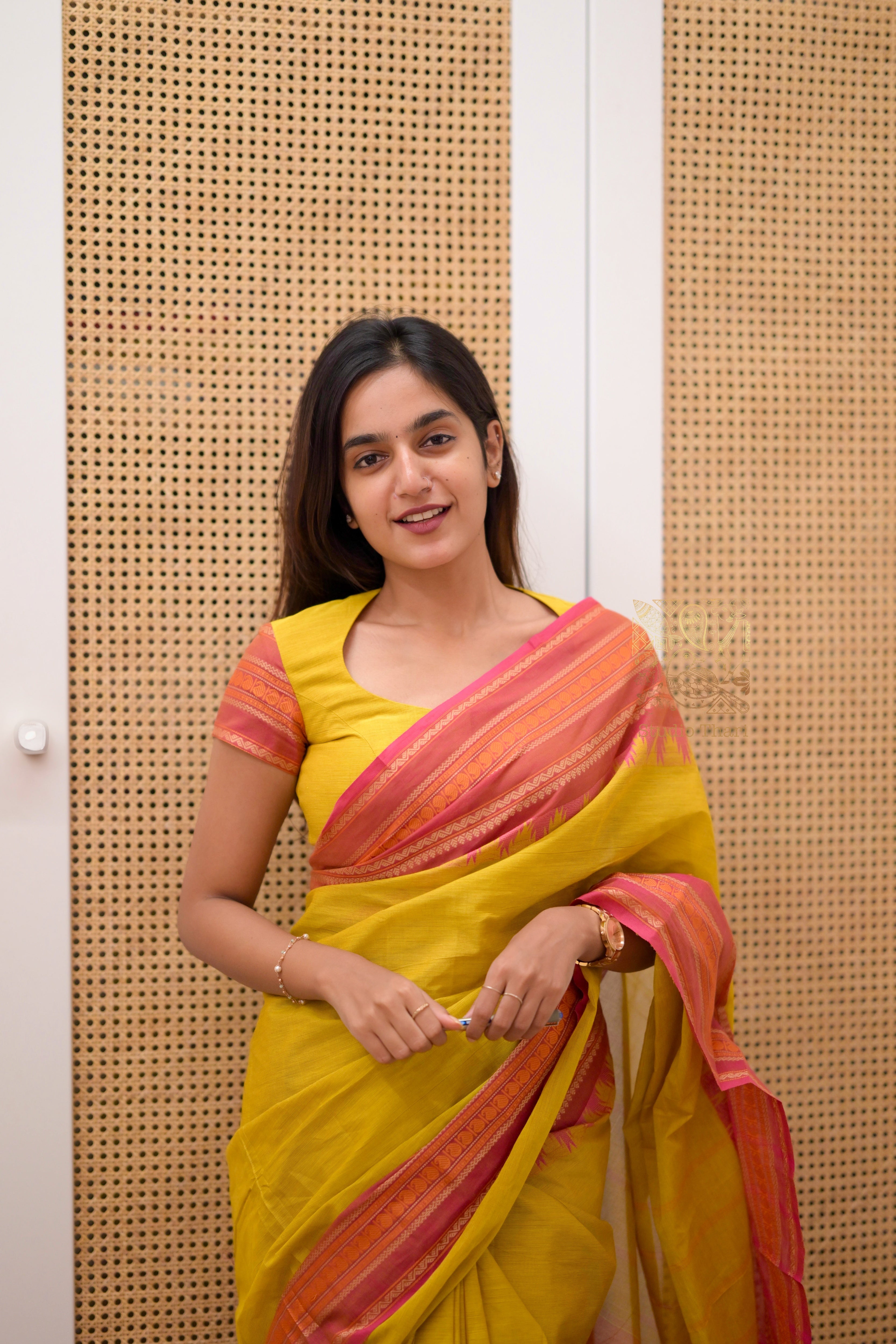 Mustard Yellow “Parvati” Bold and Beautiful Chettinad cotton saree