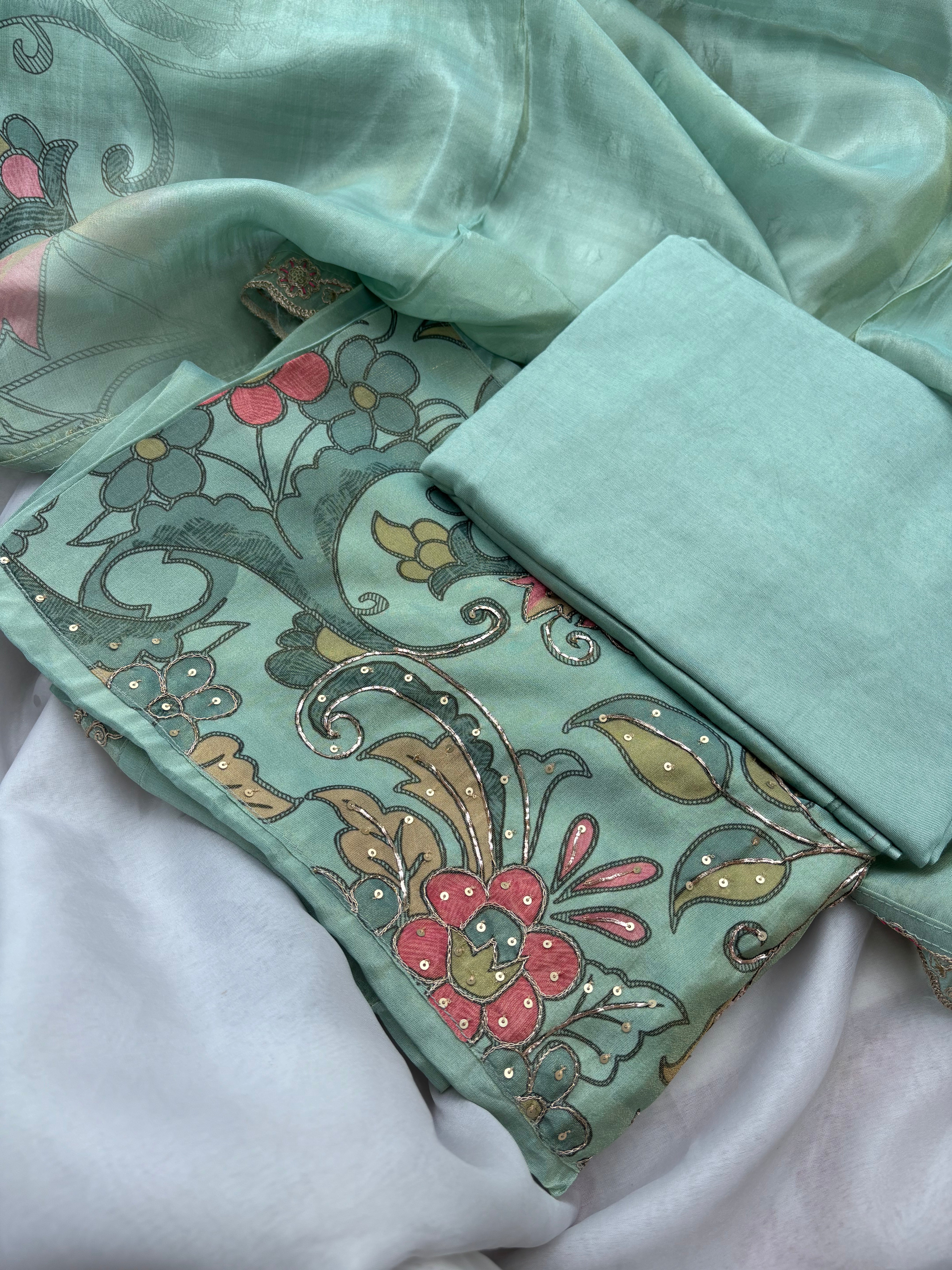 Green floral Tissue Unstitched salwar set