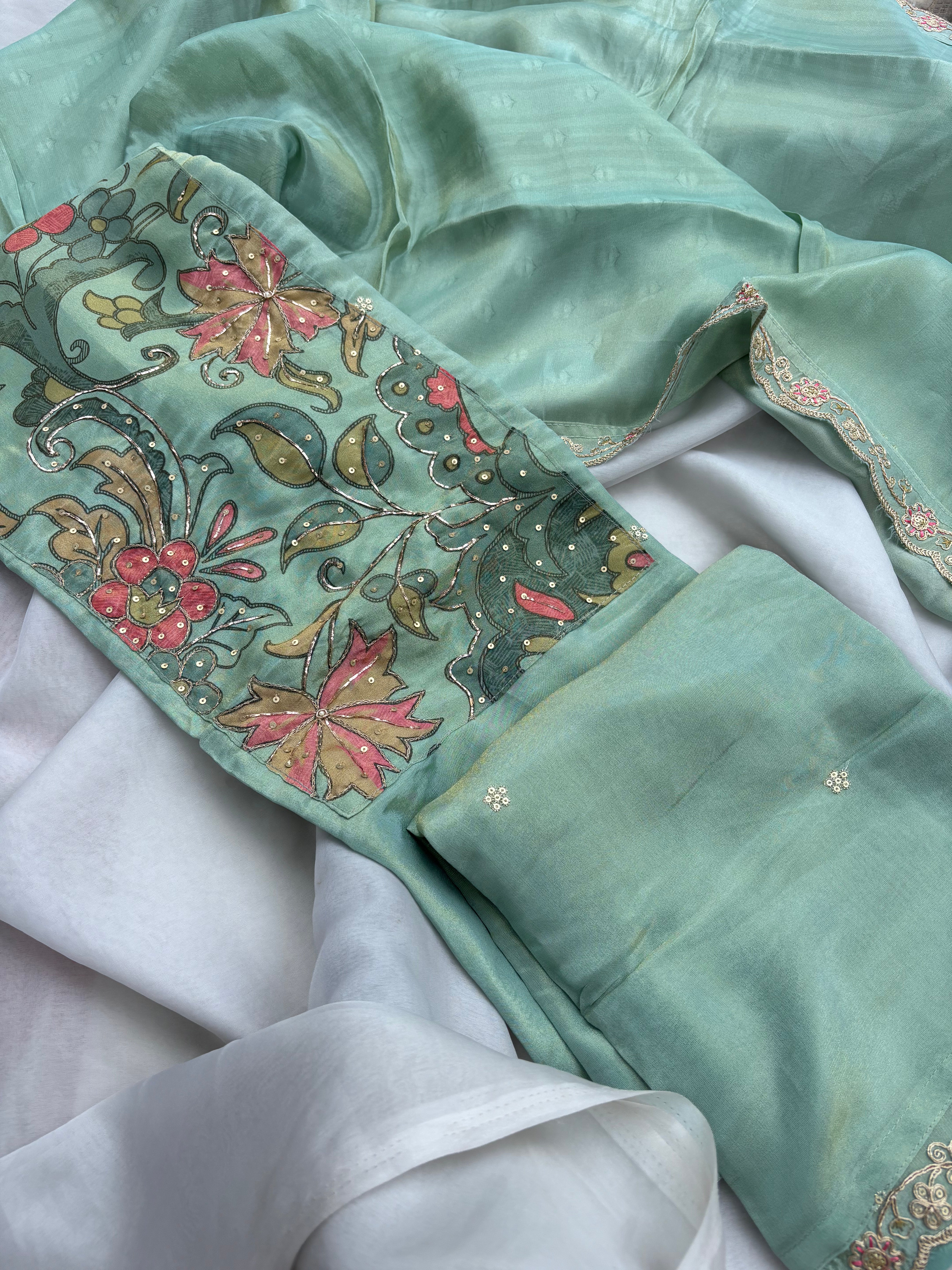 Green floral Tissue Unstitched salwar set