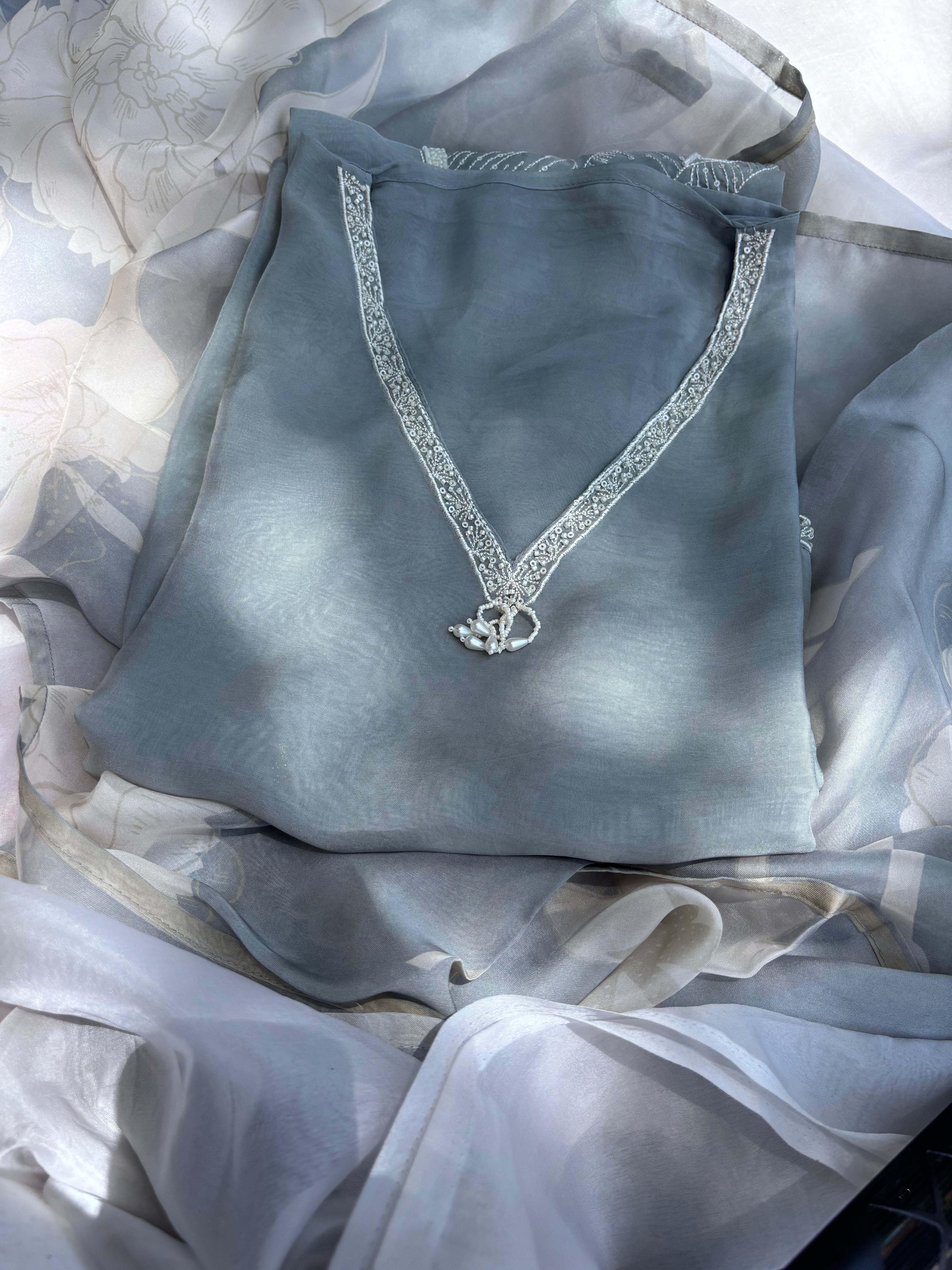 Grey Organza Semi stitched salwar set