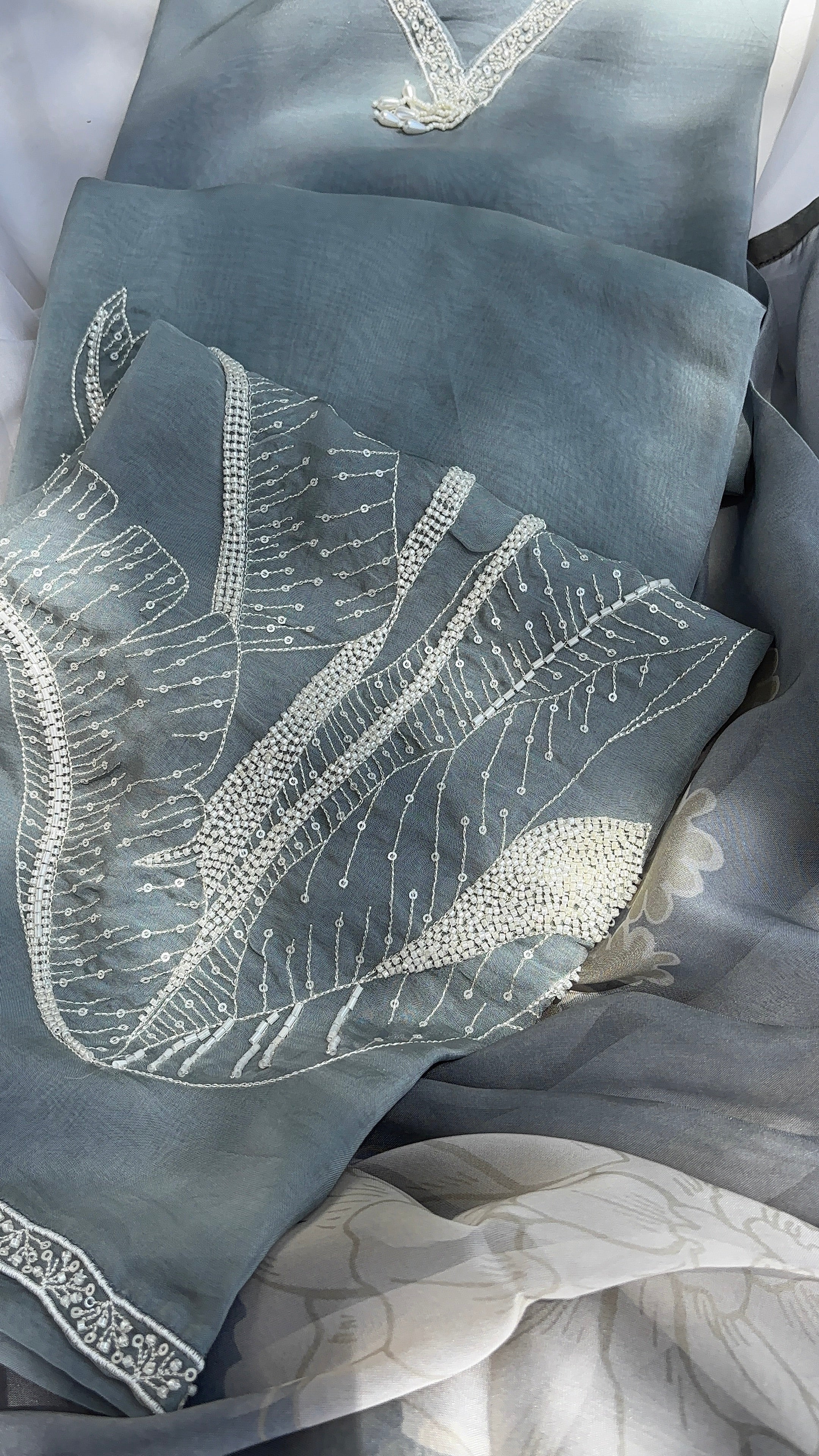 Grey Organza Semi stitched salwar set