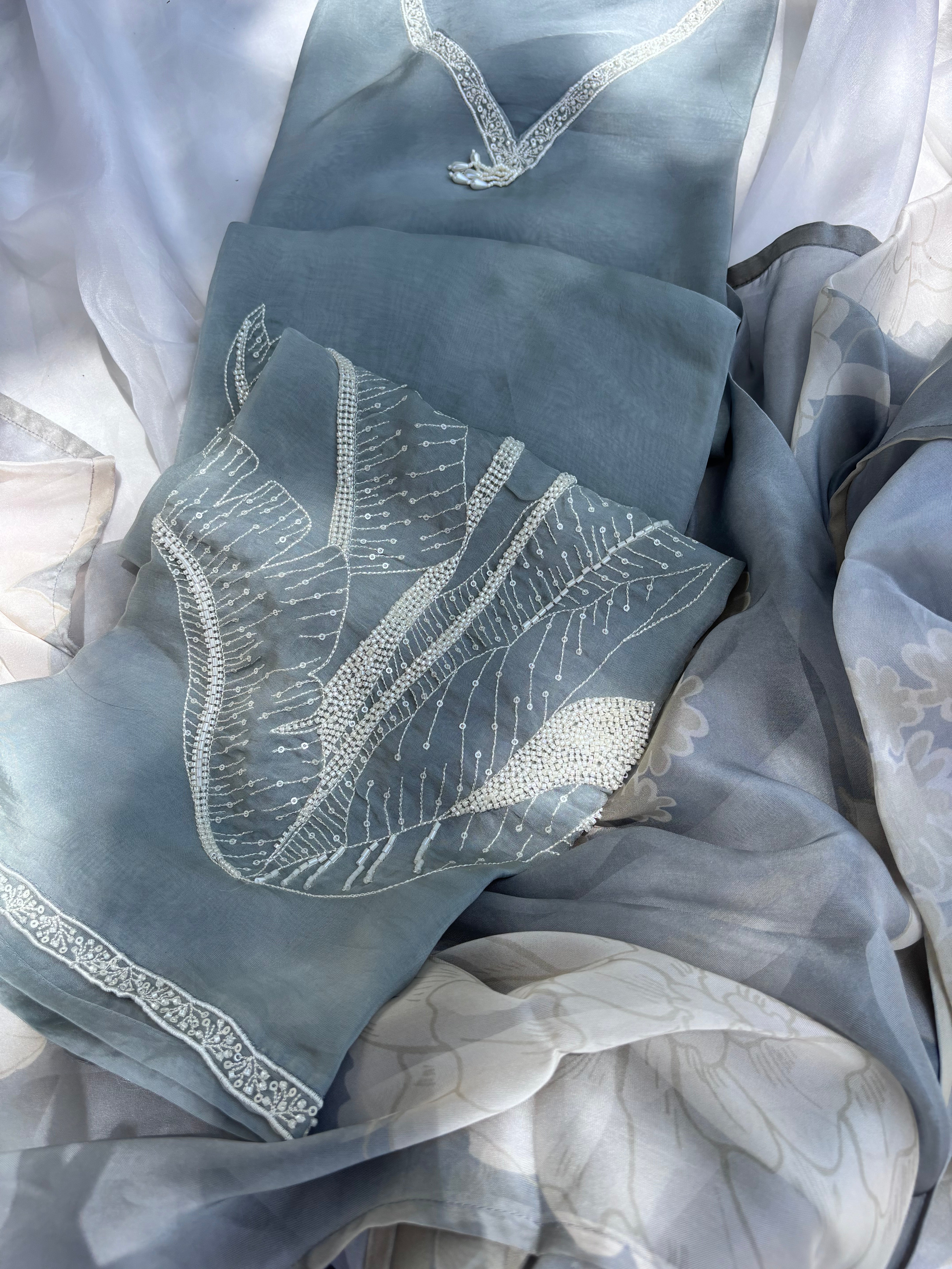 Grey Organza Semi stitched salwar set