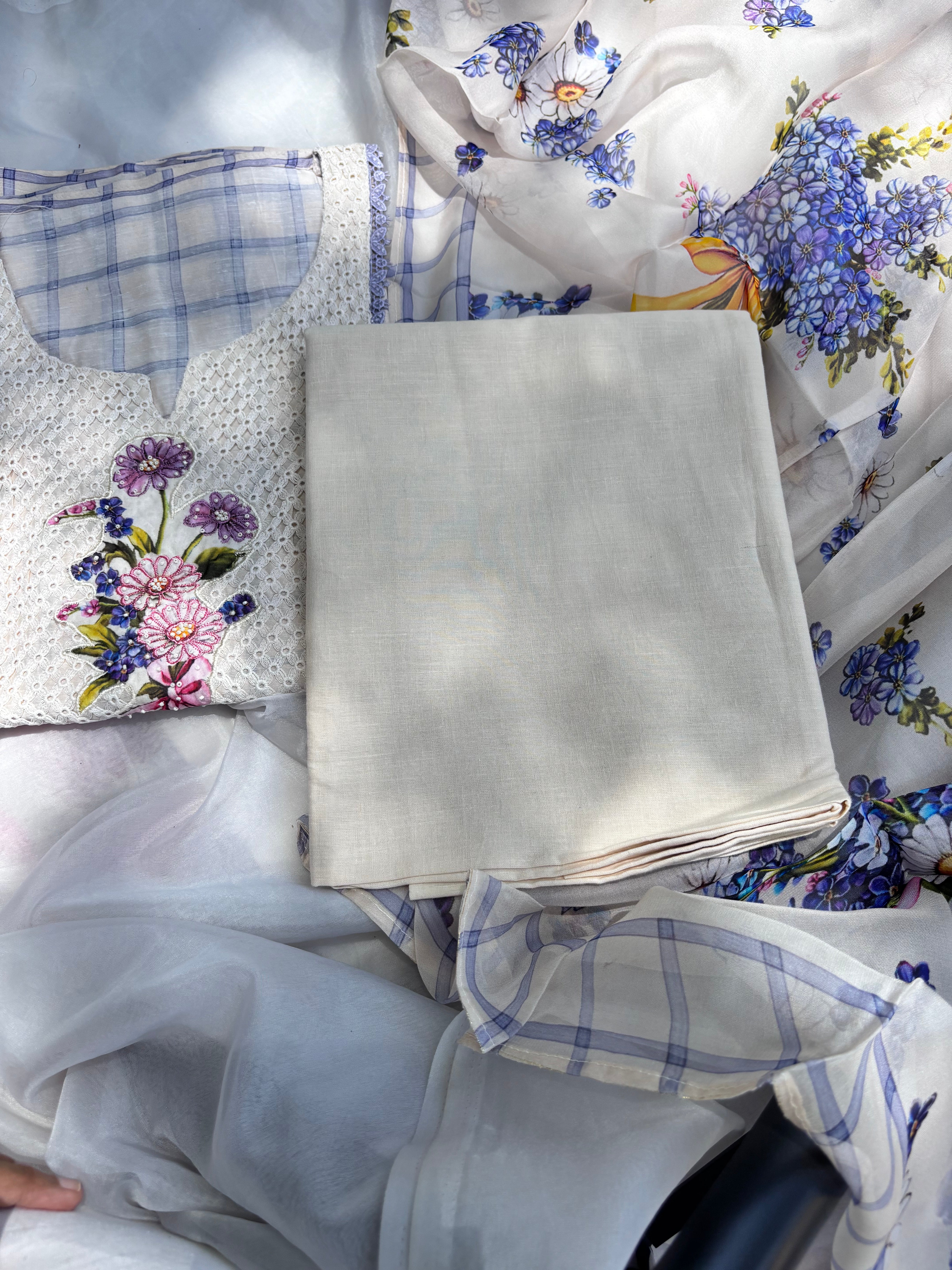 Half white floral Cotton top & Organza Dupatta Semi stitched salwar set