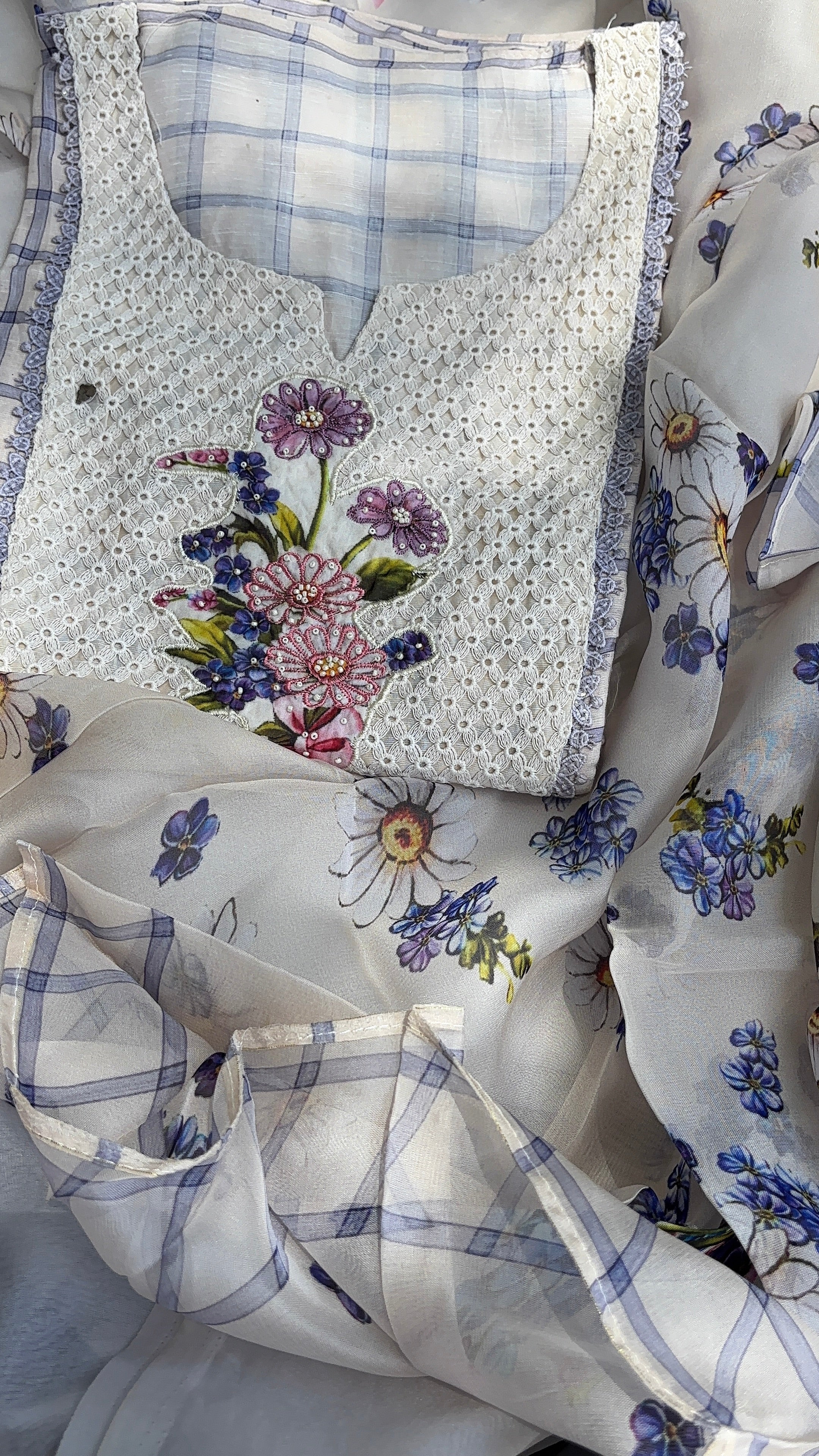 Half white floral Cotton top & Organza Dupatta Semi stitched salwar set