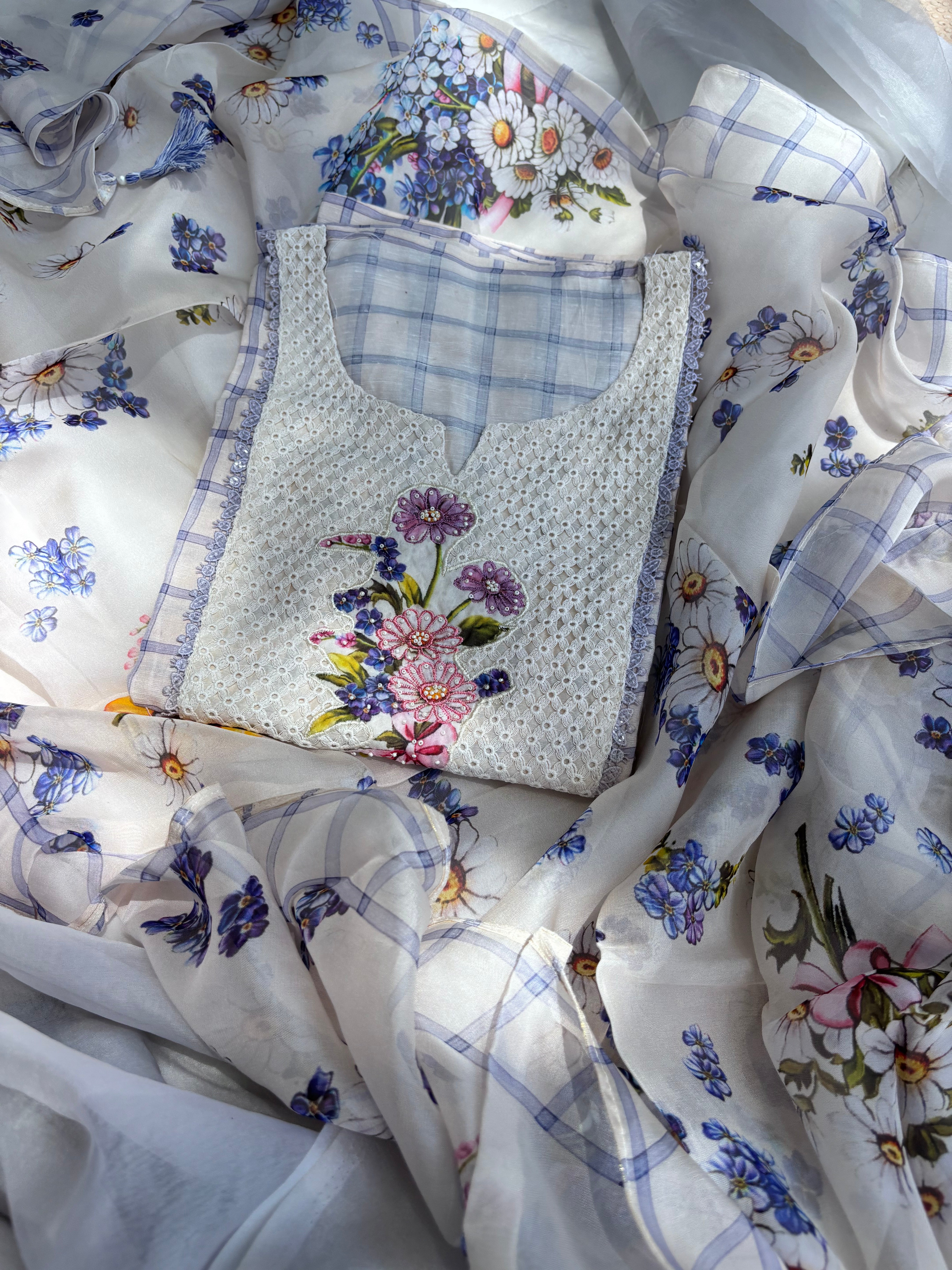 Half white floral Cotton top & Organza Dupatta Semi stitched salwar set