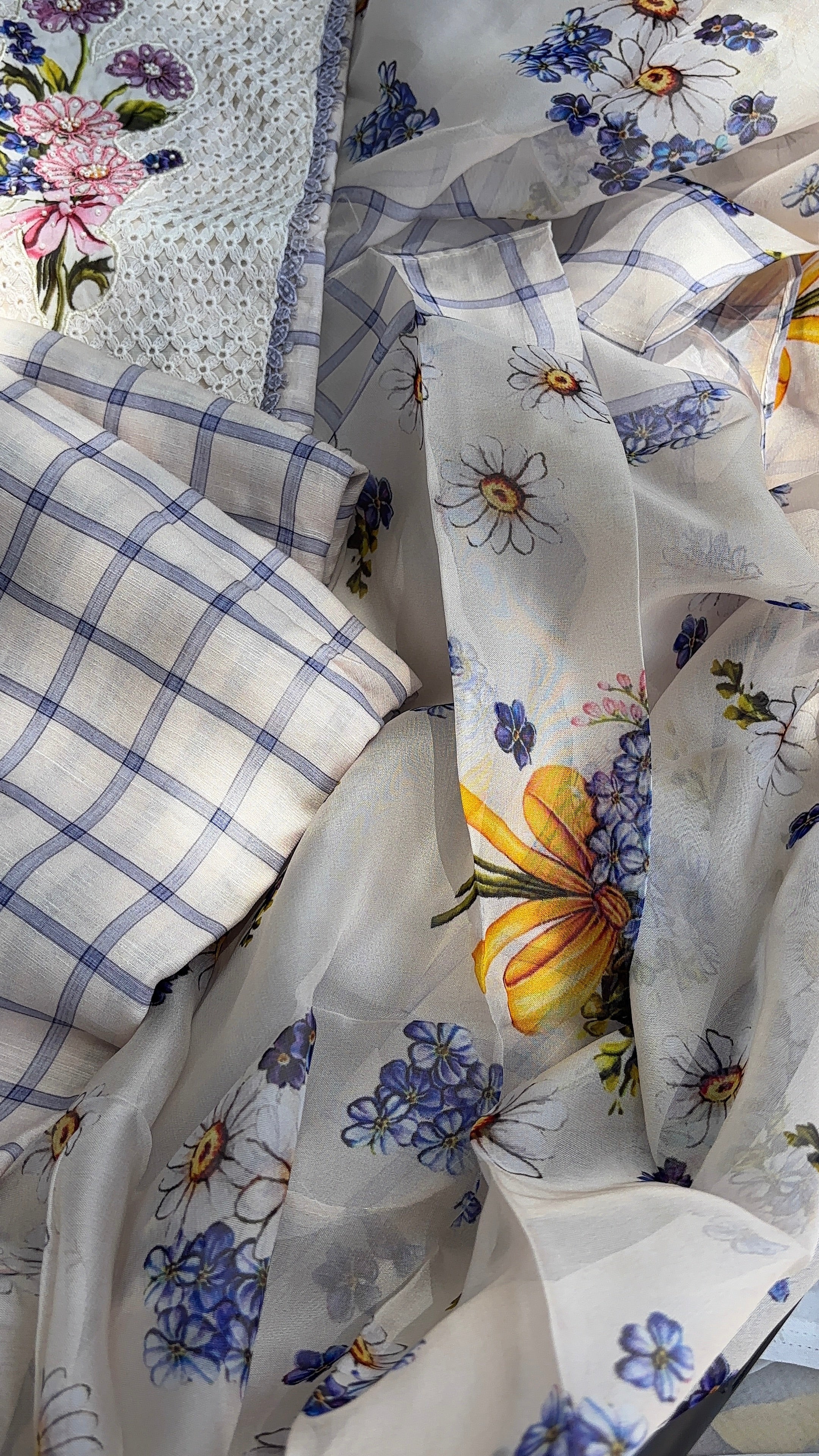 Half white floral Cotton top & Organza Dupatta Semi stitched salwar set