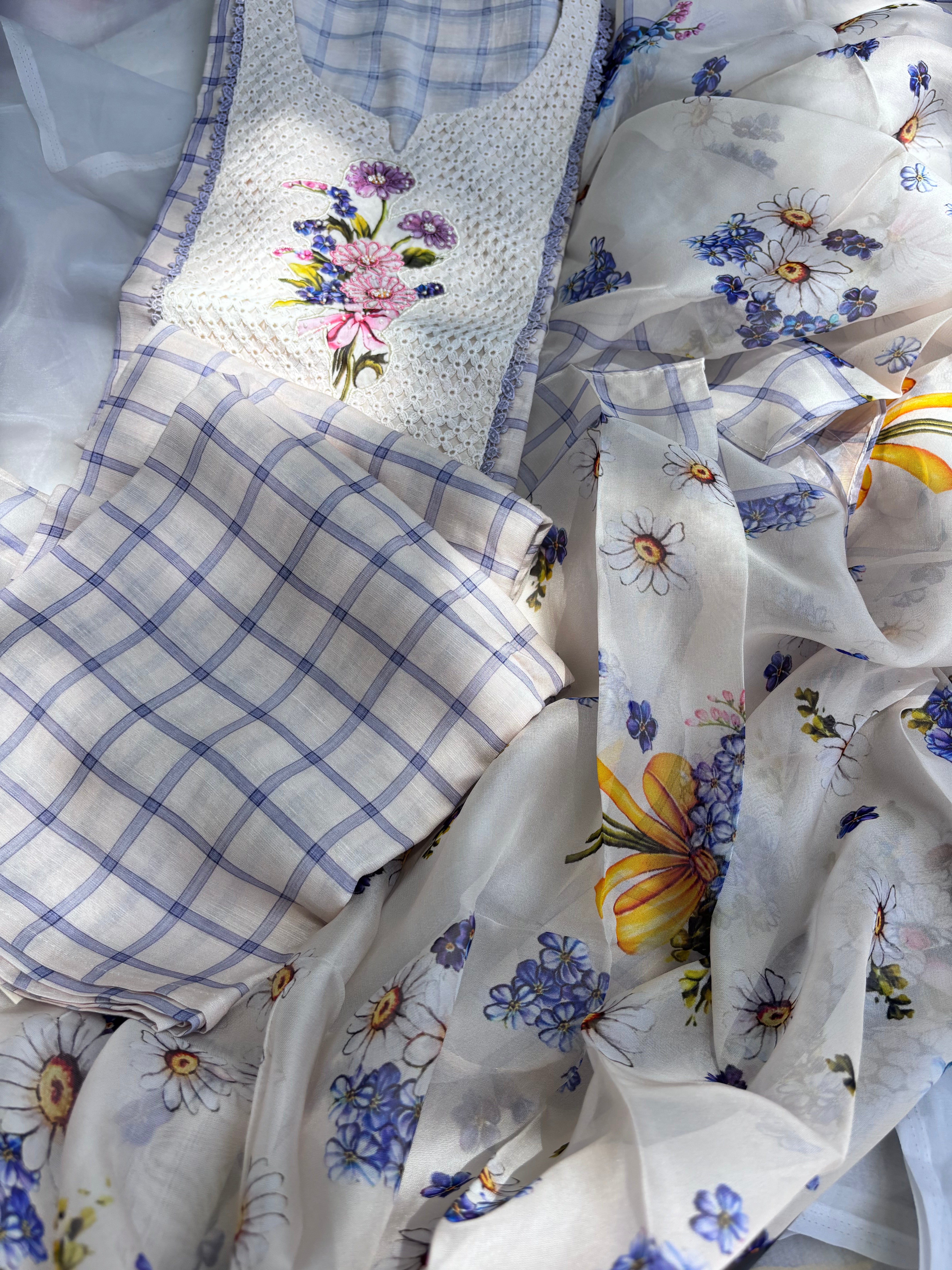 Half white floral Cotton top & Organza Dupatta Semi stitched salwar set