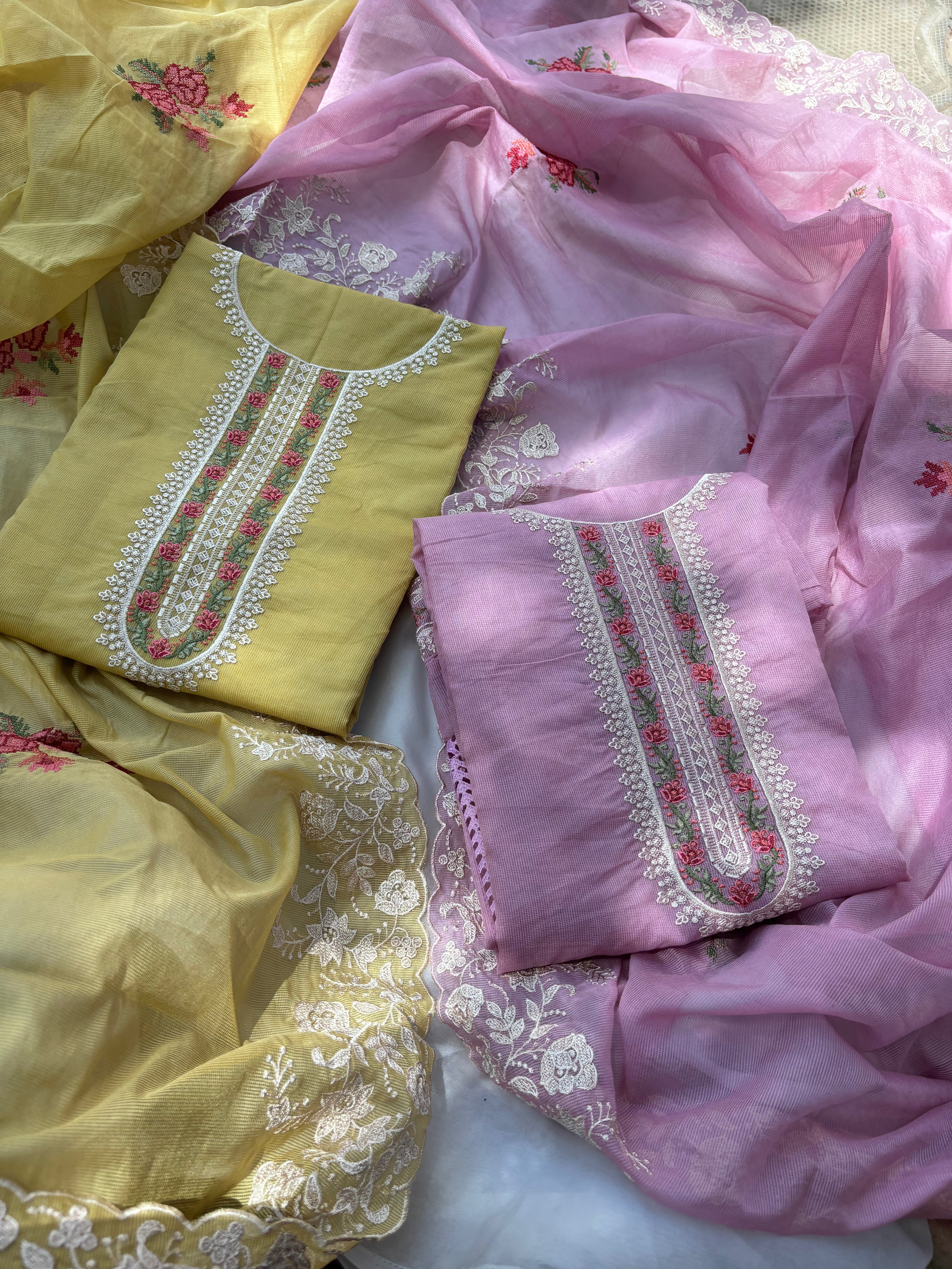 Pink & Yellow Kota unstitched salwar set