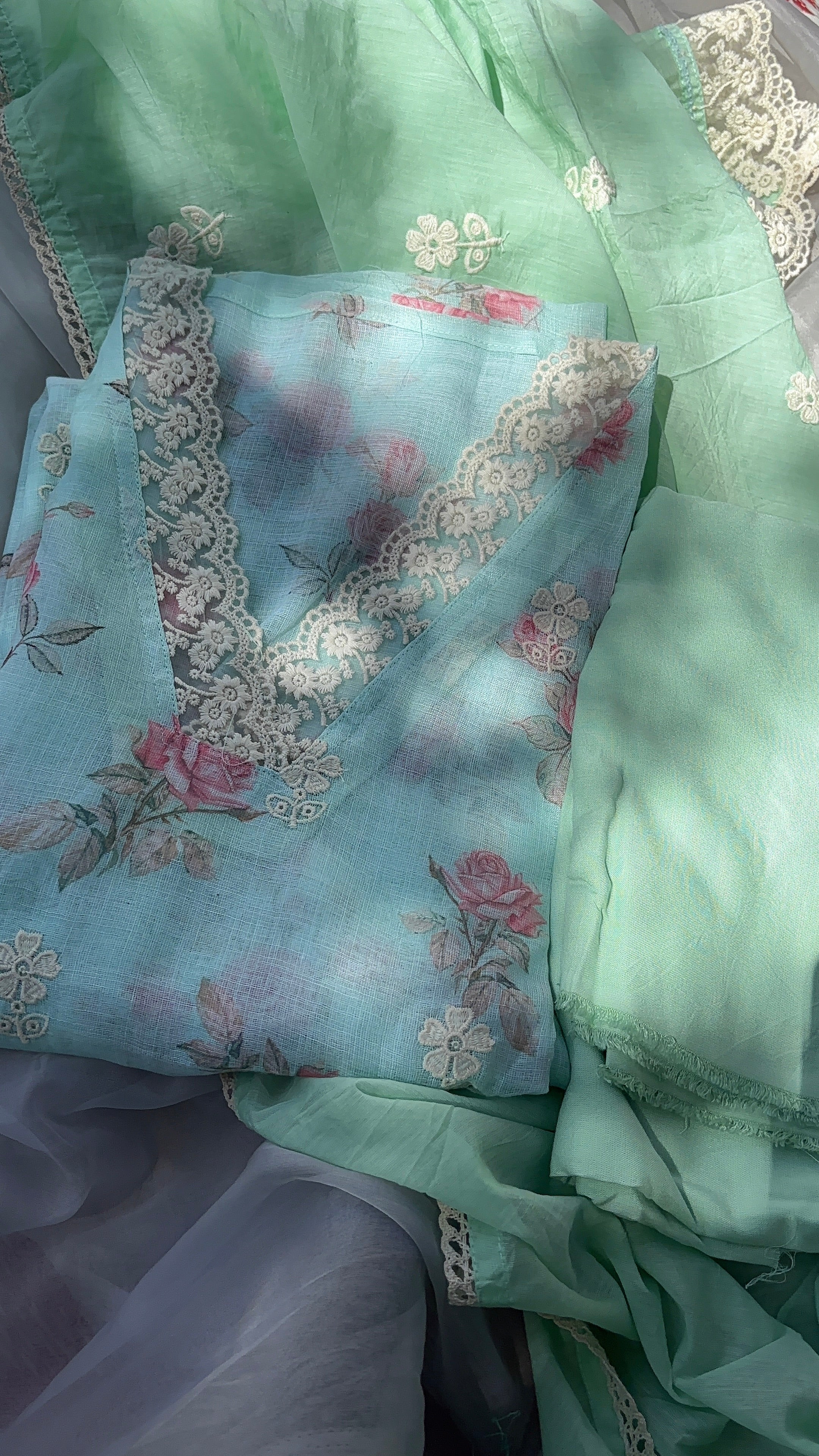 Blue, Green, Pista Green & Peach Linen Cotton Semi stitched salwar set