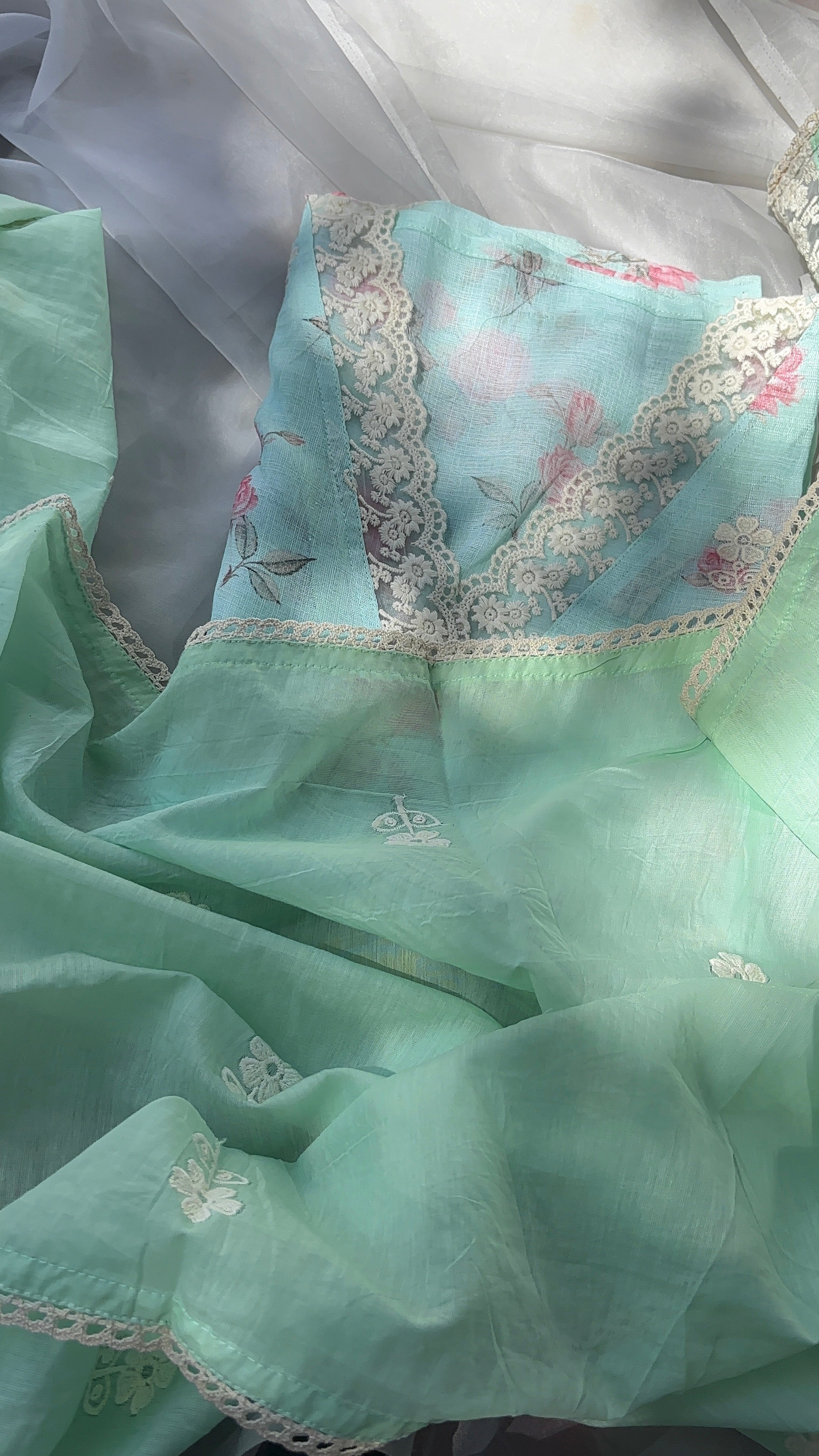 Blue, Green, Pista Green & Peach Linen Cotton Semi stitched salwar set