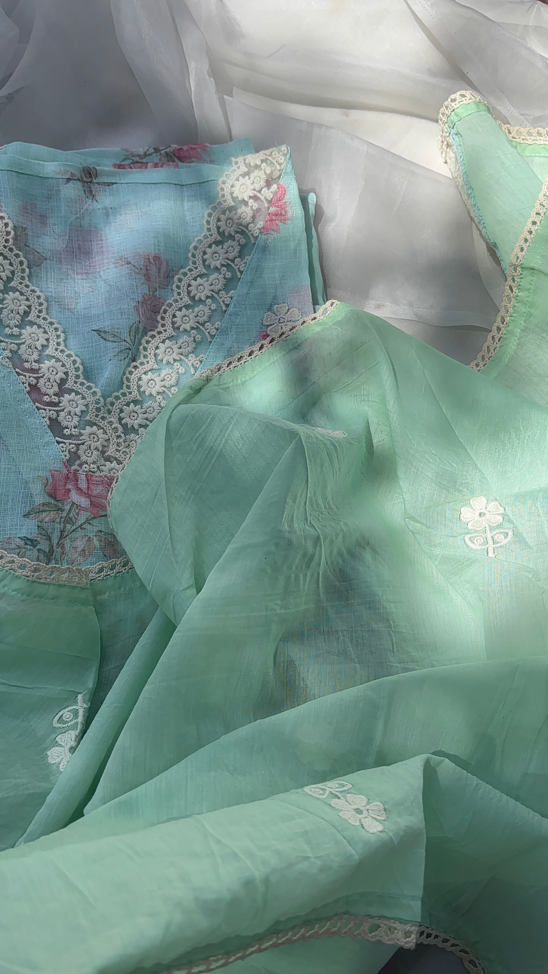 Blue, Green, Pista Green & Peach Linen Cotton Semi stitched salwar set