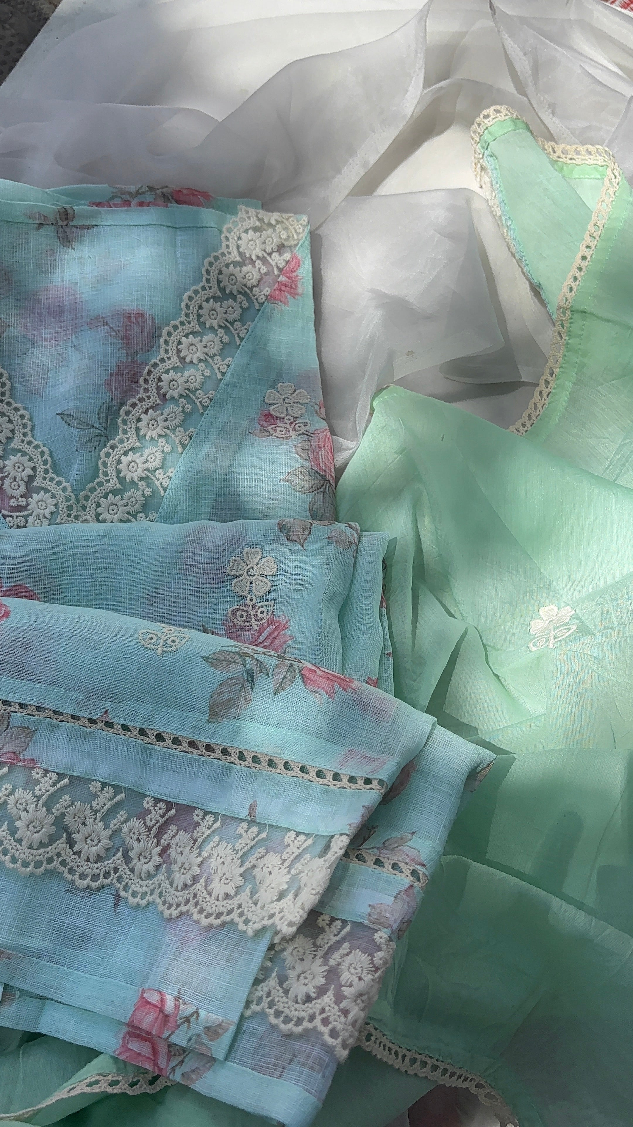 Blue, Green, Pista Green & Peach Linen Cotton Semi stitched salwar set