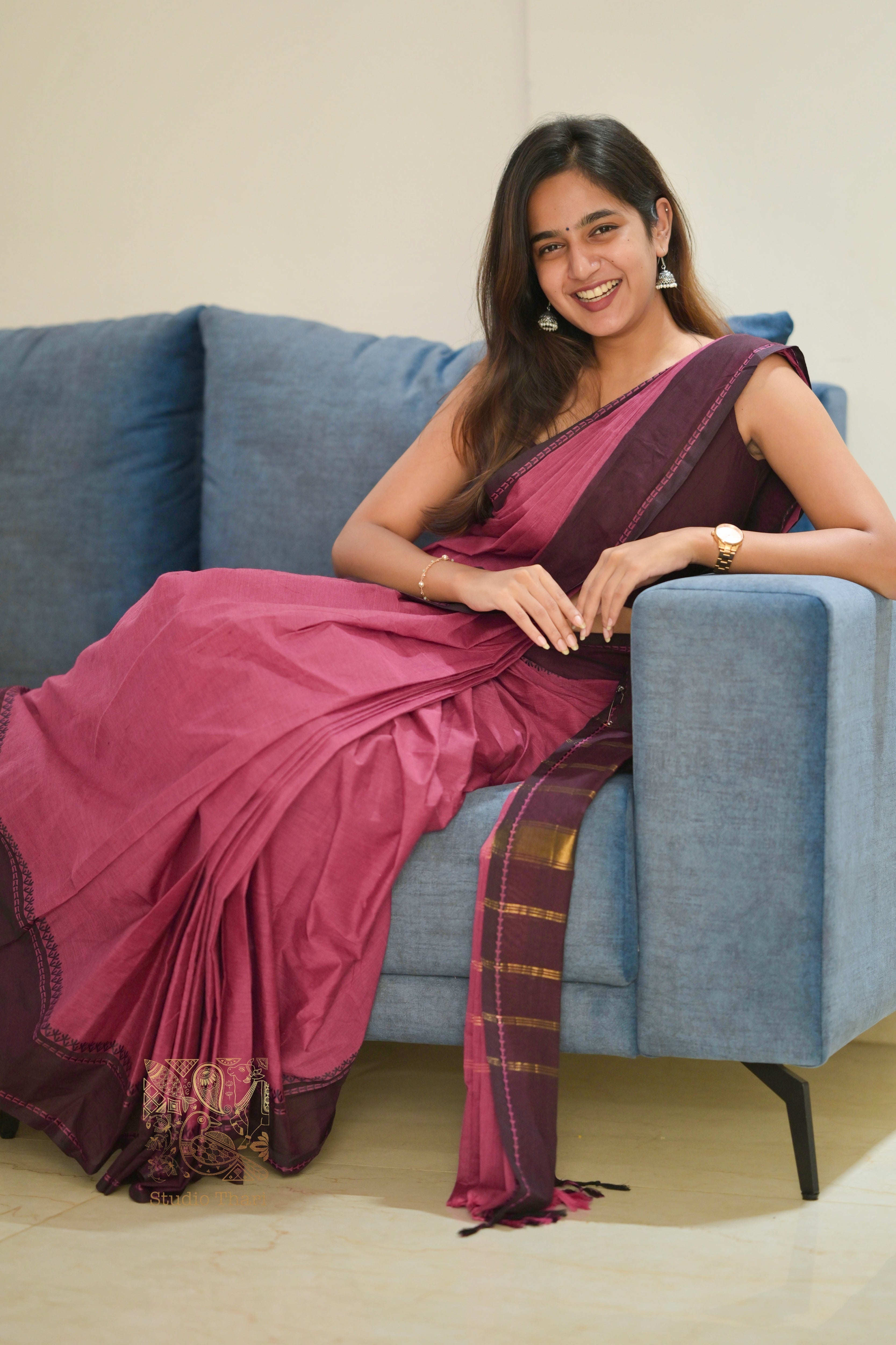 Dark Pink & Brown “Parvati” Bold and Beautiful Chettinad cotton saree