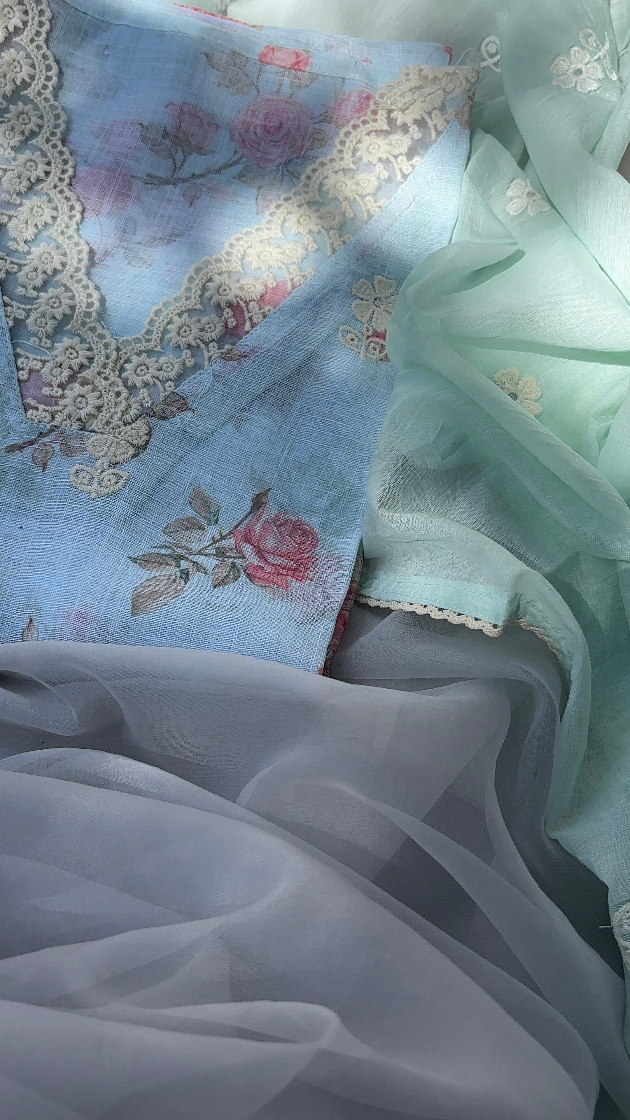 Blue, Green, Pista Green & Peach Linen Cotton Semi stitched salwar set