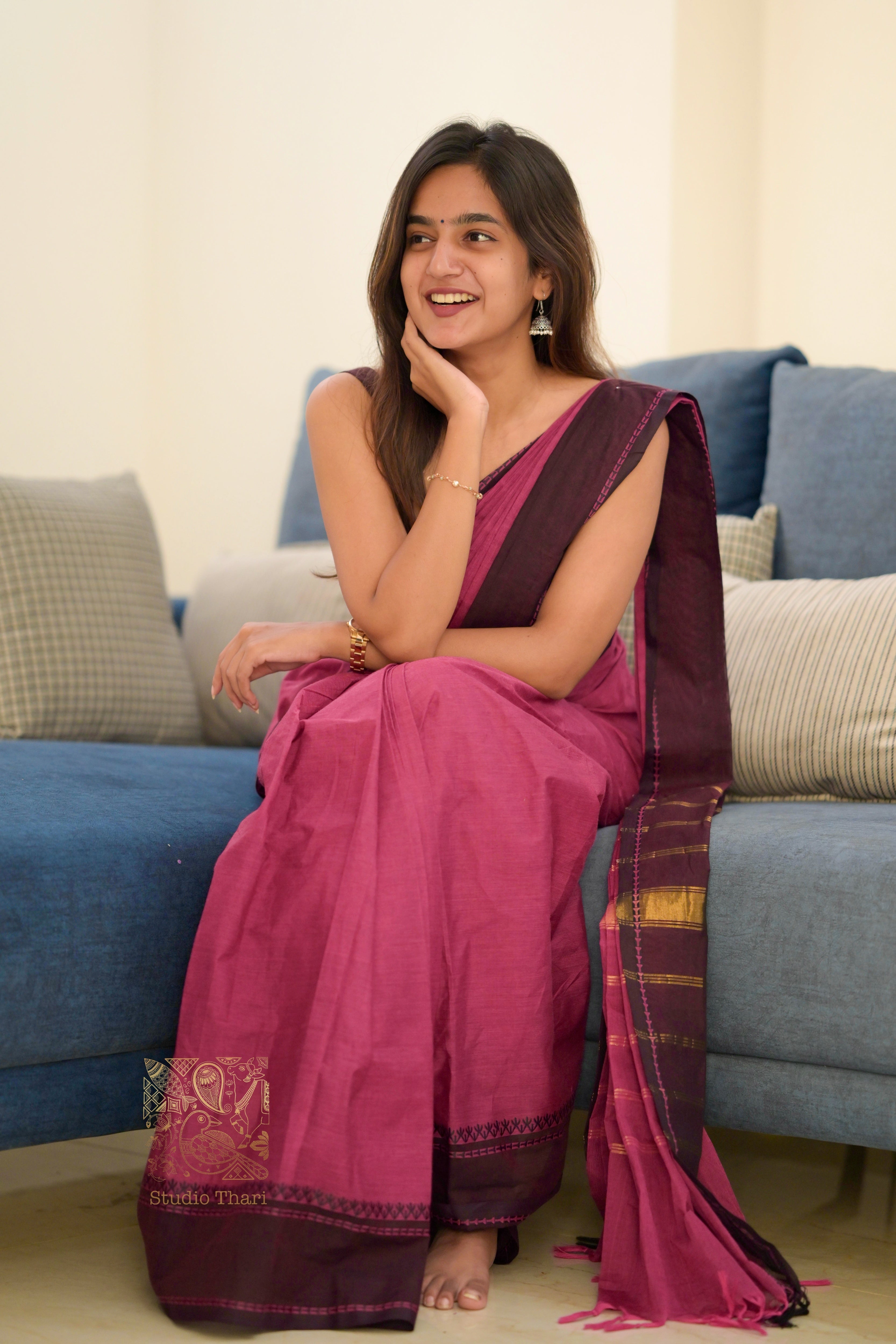 Dark Pink & Brown “Parvati” Bold and Beautiful Chettinad cotton saree