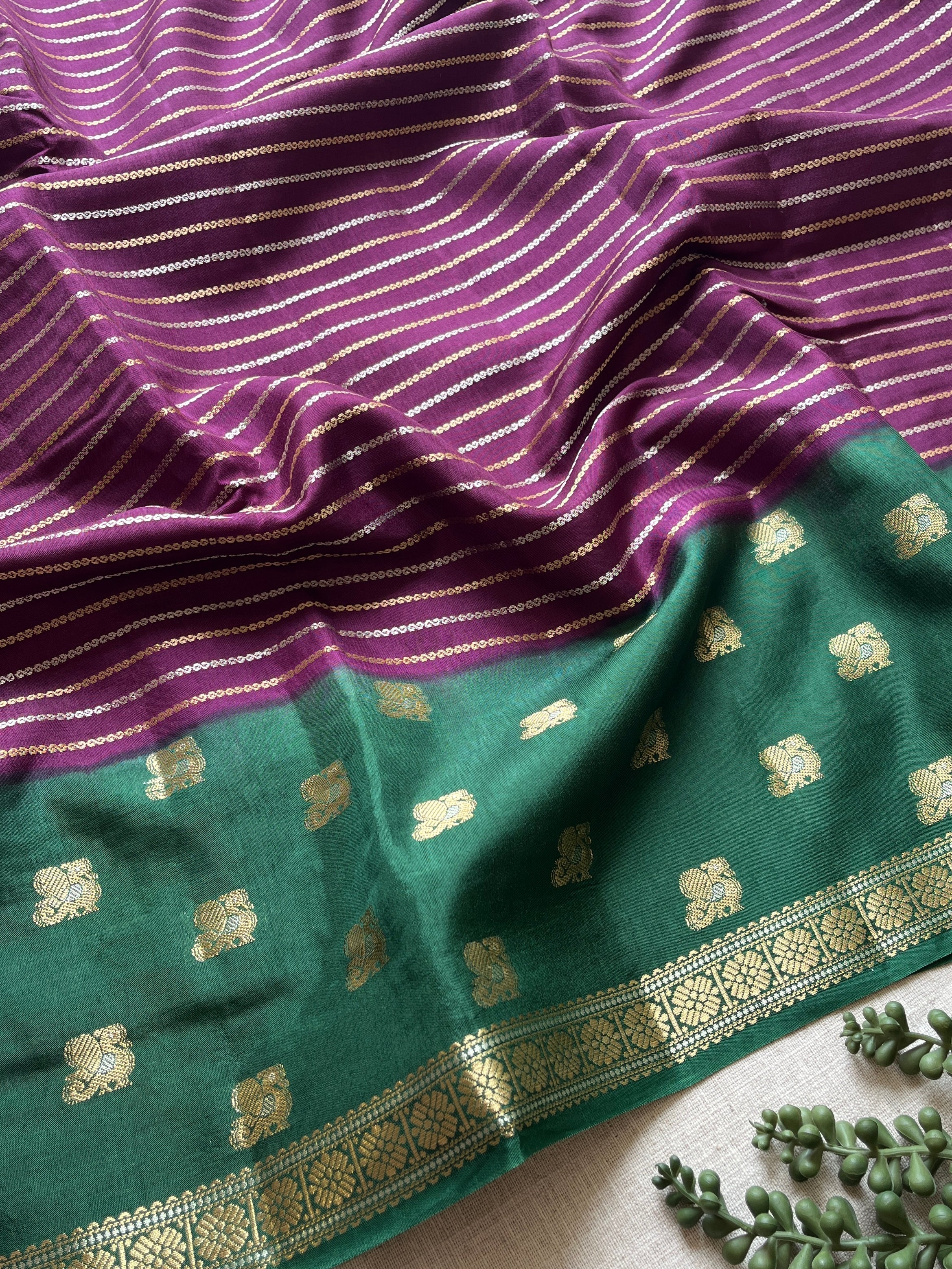 Purple with Dark Green Viscose Silk Saree