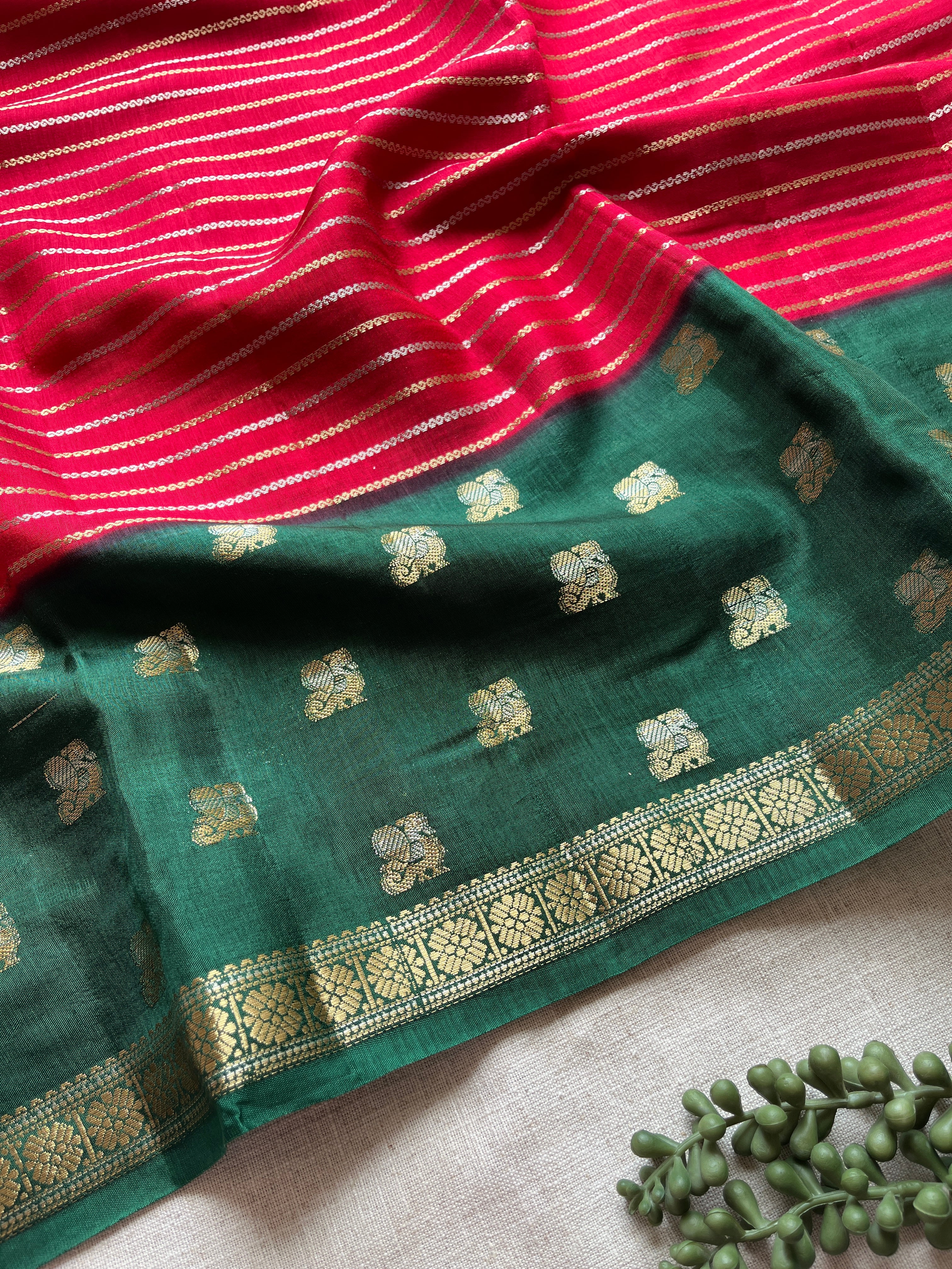 Red with Dark Green Viscose Silk Saree