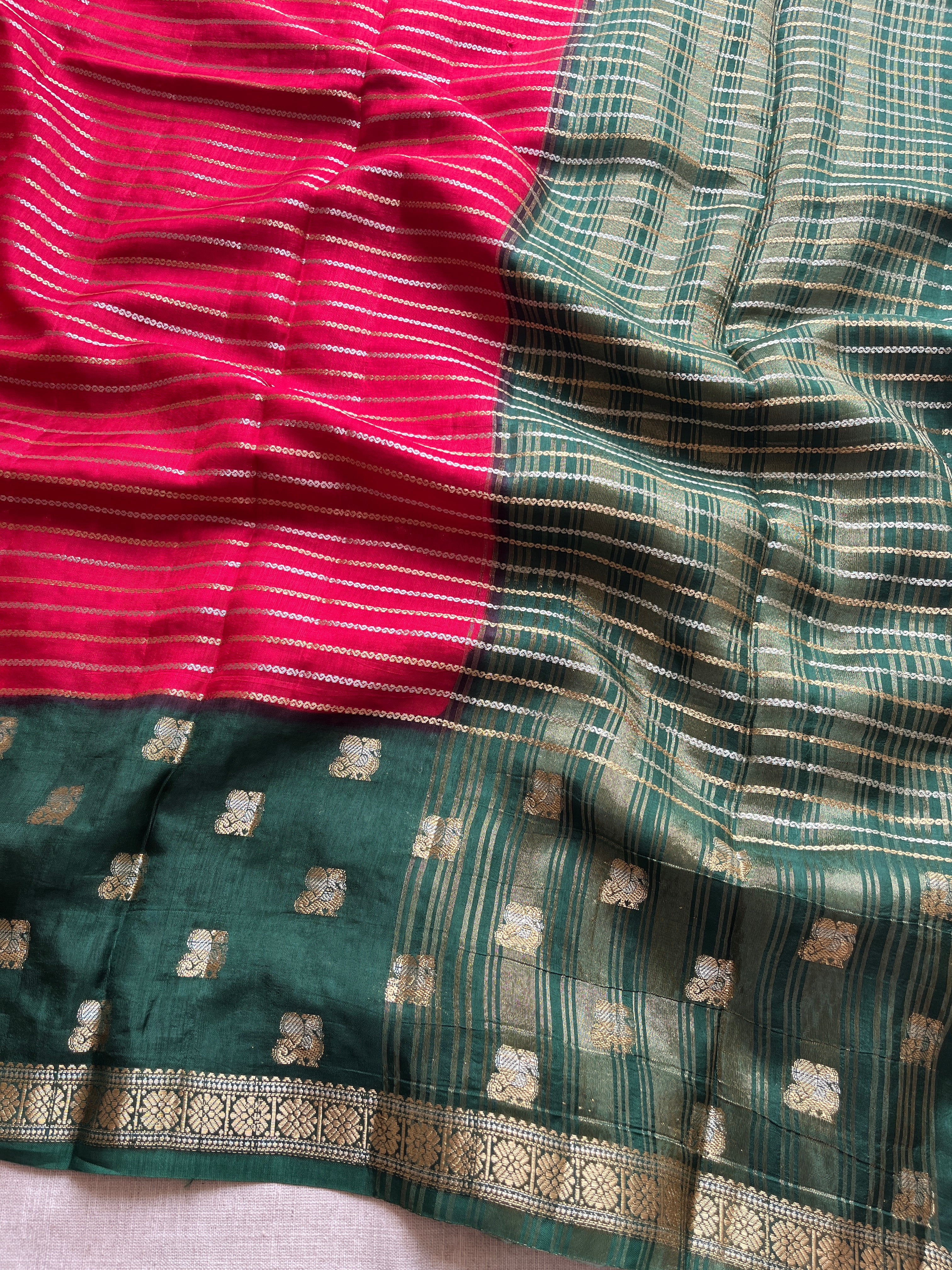 Red with Dark Green Viscose Silk Saree