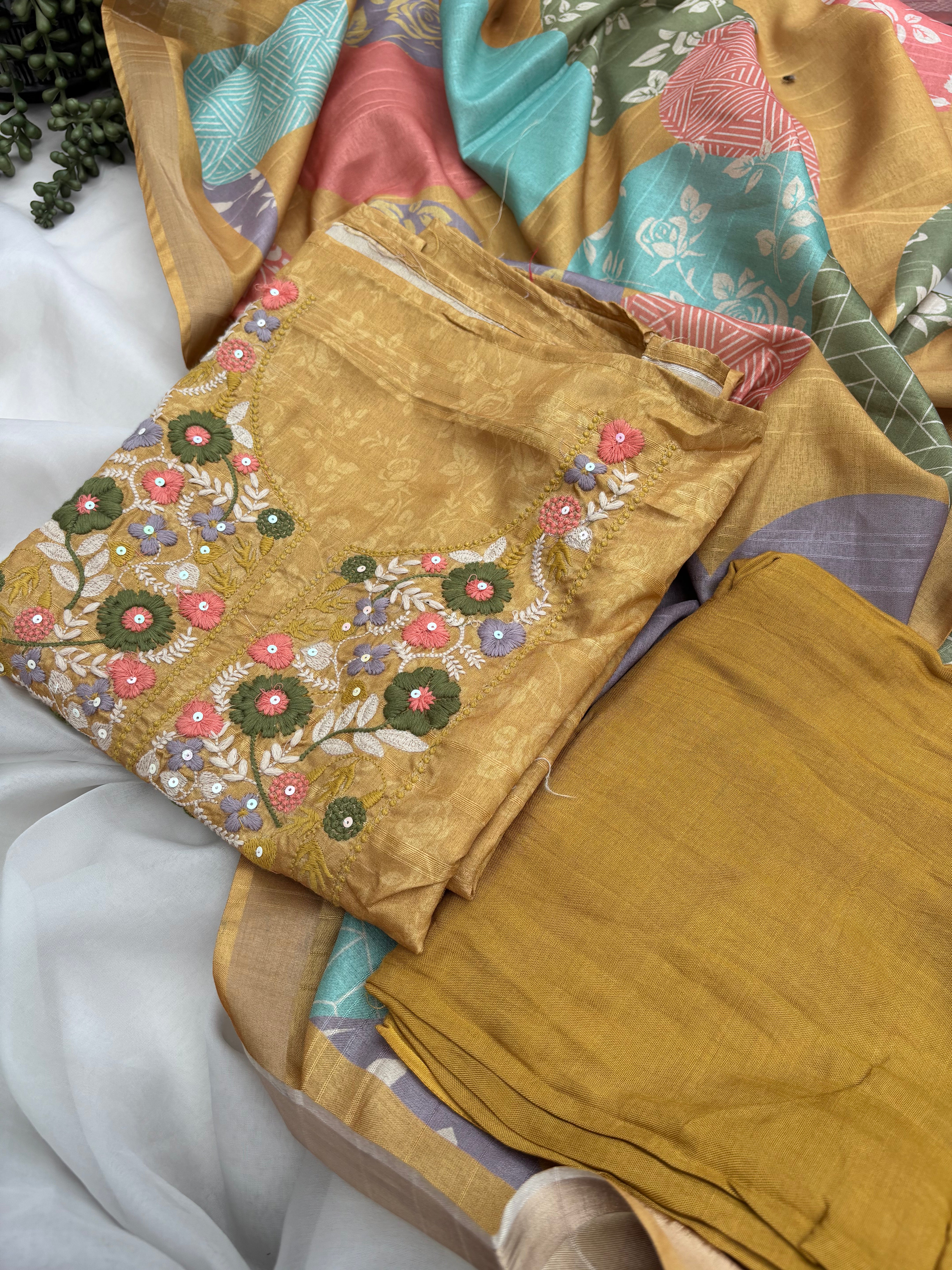 Musturd Chanderi Unstitched salwar Set