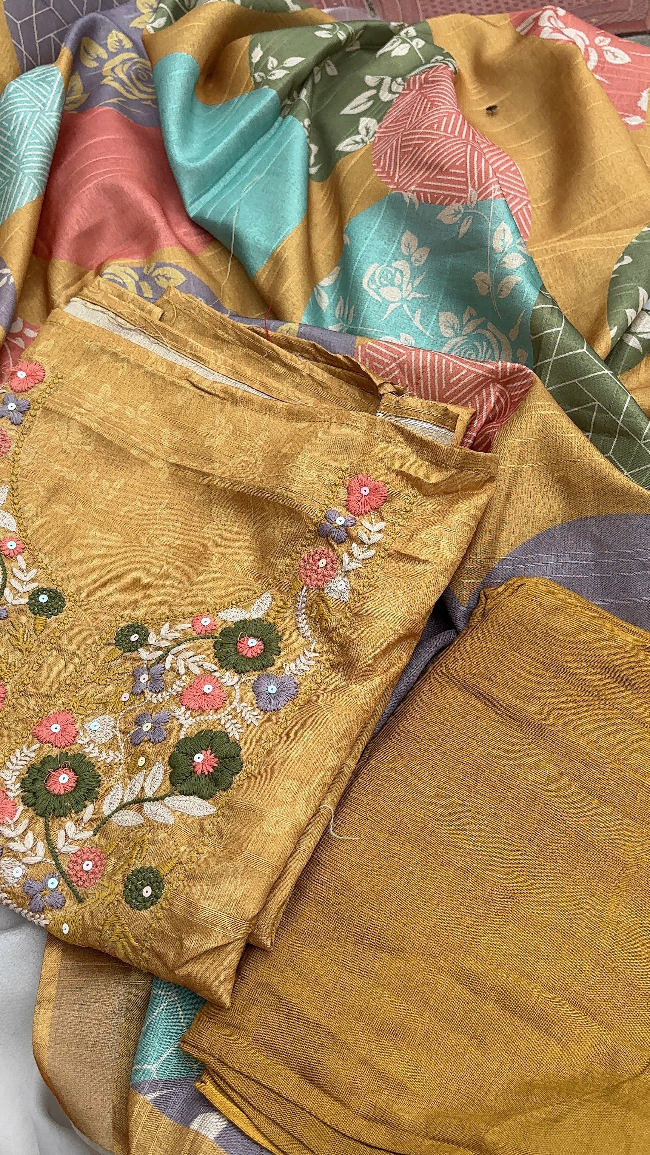 Musturd Chanderi Unstitched salwar Set