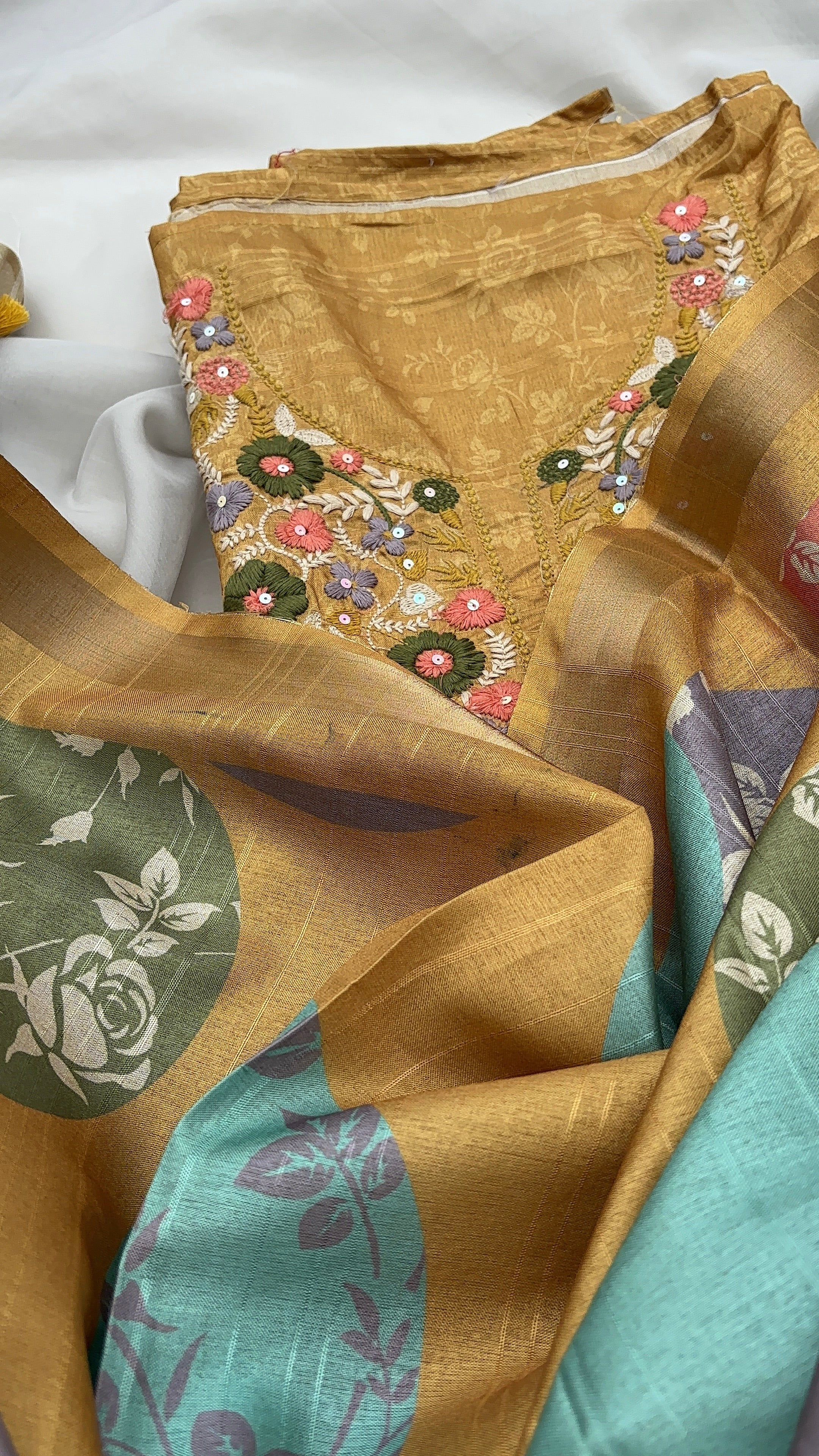 Musturd Chanderi Unstitched salwar Set